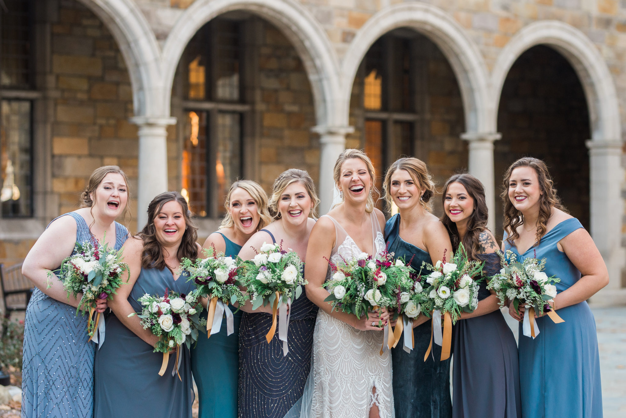wedding party images, wedding photography in ann arbor, ann arbor law quad photography, bridesmaid dresses, blue bridesmaids dress photography, wedding floral inspiration, ann arbor wedding day, wedding day in winter, wedding party photography, michigan