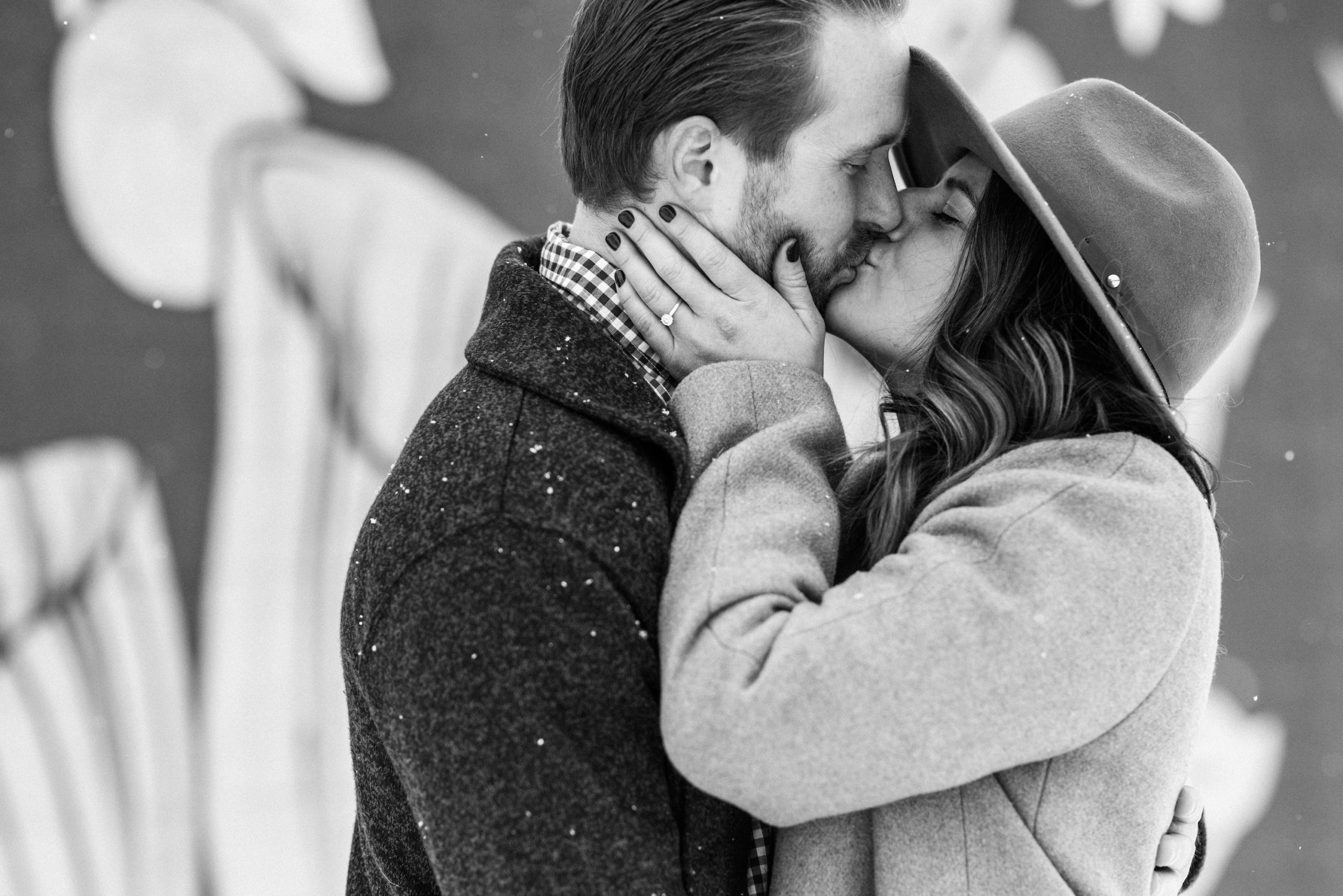 winter engagement, winter engagement photos, winter engagement photography, couple photos, couple photography, snowy winter engagements, snow engagement photos, engagement photo outfit inspiration, engagement ring