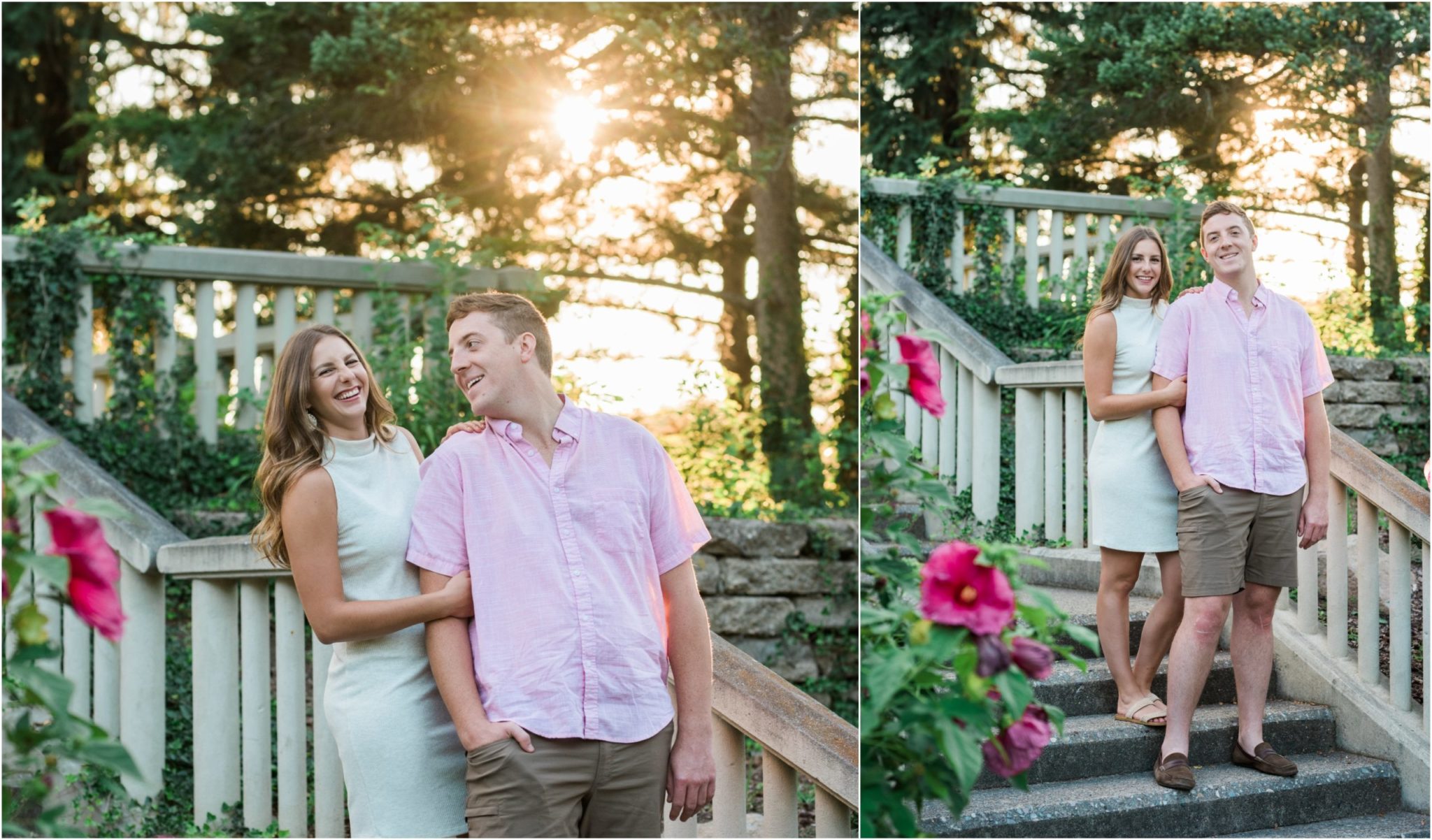 Collage image of a couple posing on steps in a rose garden.
