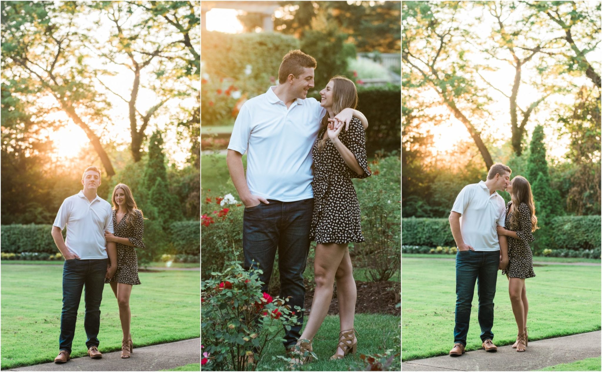 Collage image of a couple during summer in a rose garden.