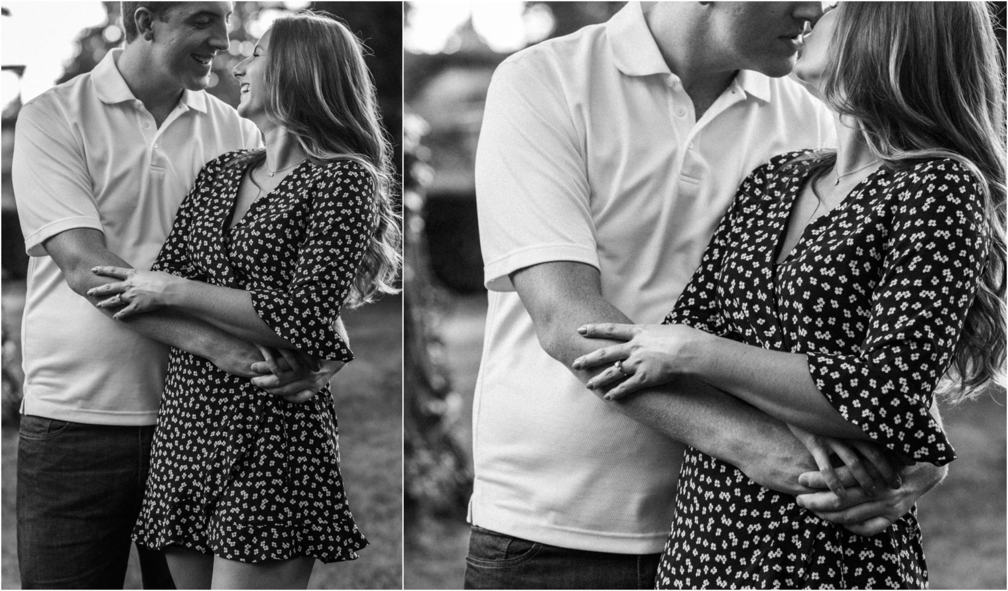 A black and white collage image of a couple hugging.