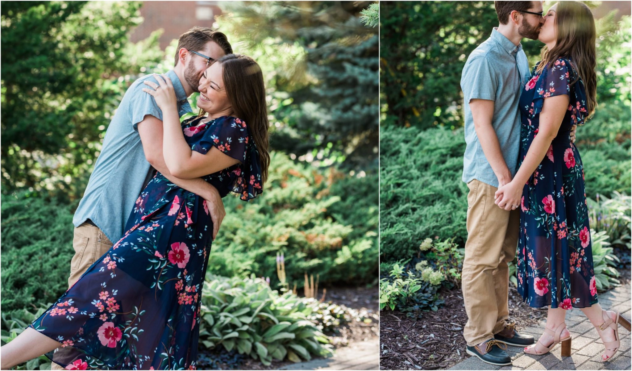 Collage image of a couple kissing dipping in a vibrant garden.