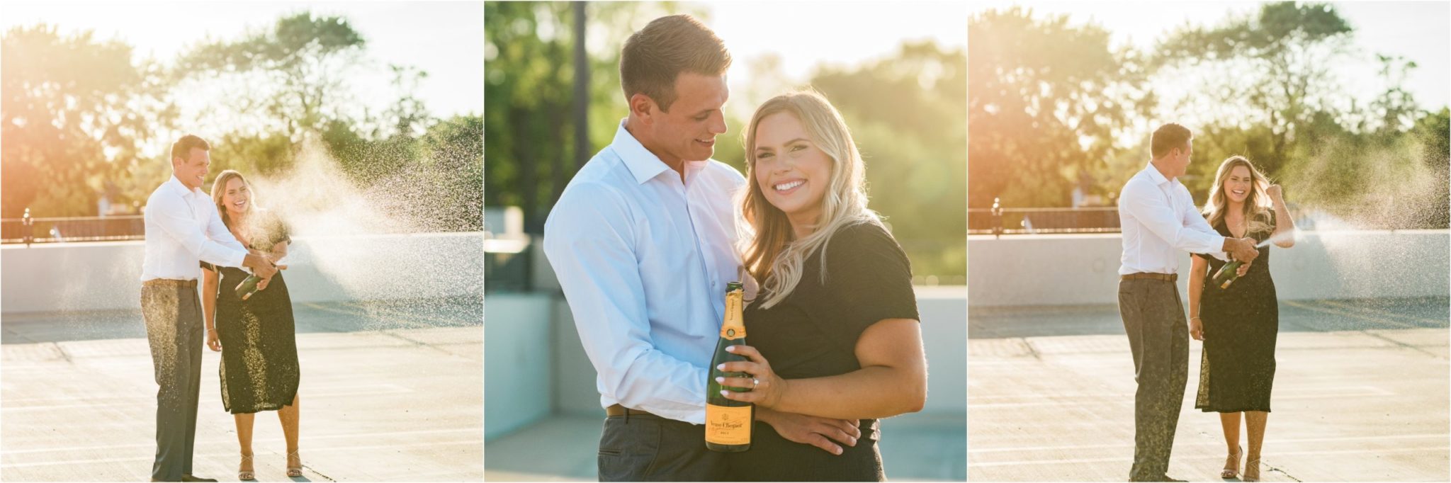 A collage image of a couple at sunset on a rooftop popping champagne.