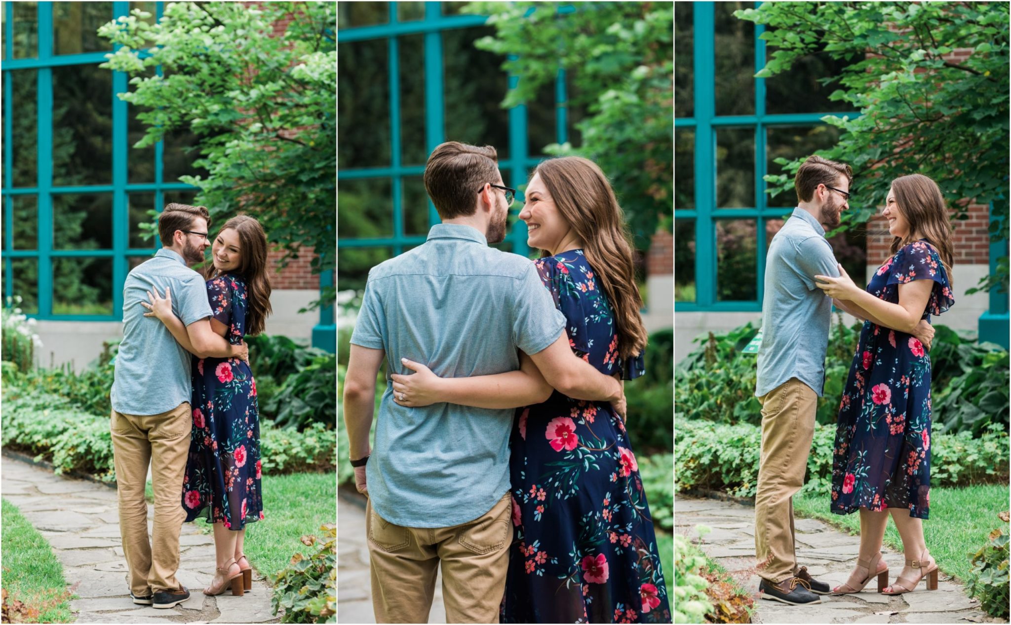 Collage image of couple portraits walking and embracing in a summer garden.