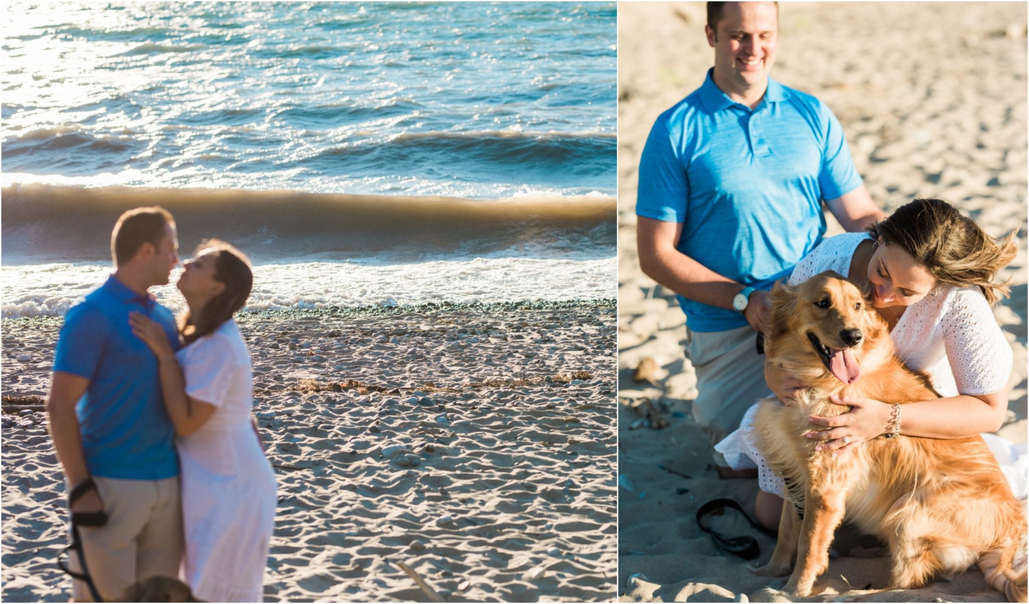 Collage image of a couple on the beach with their dog.