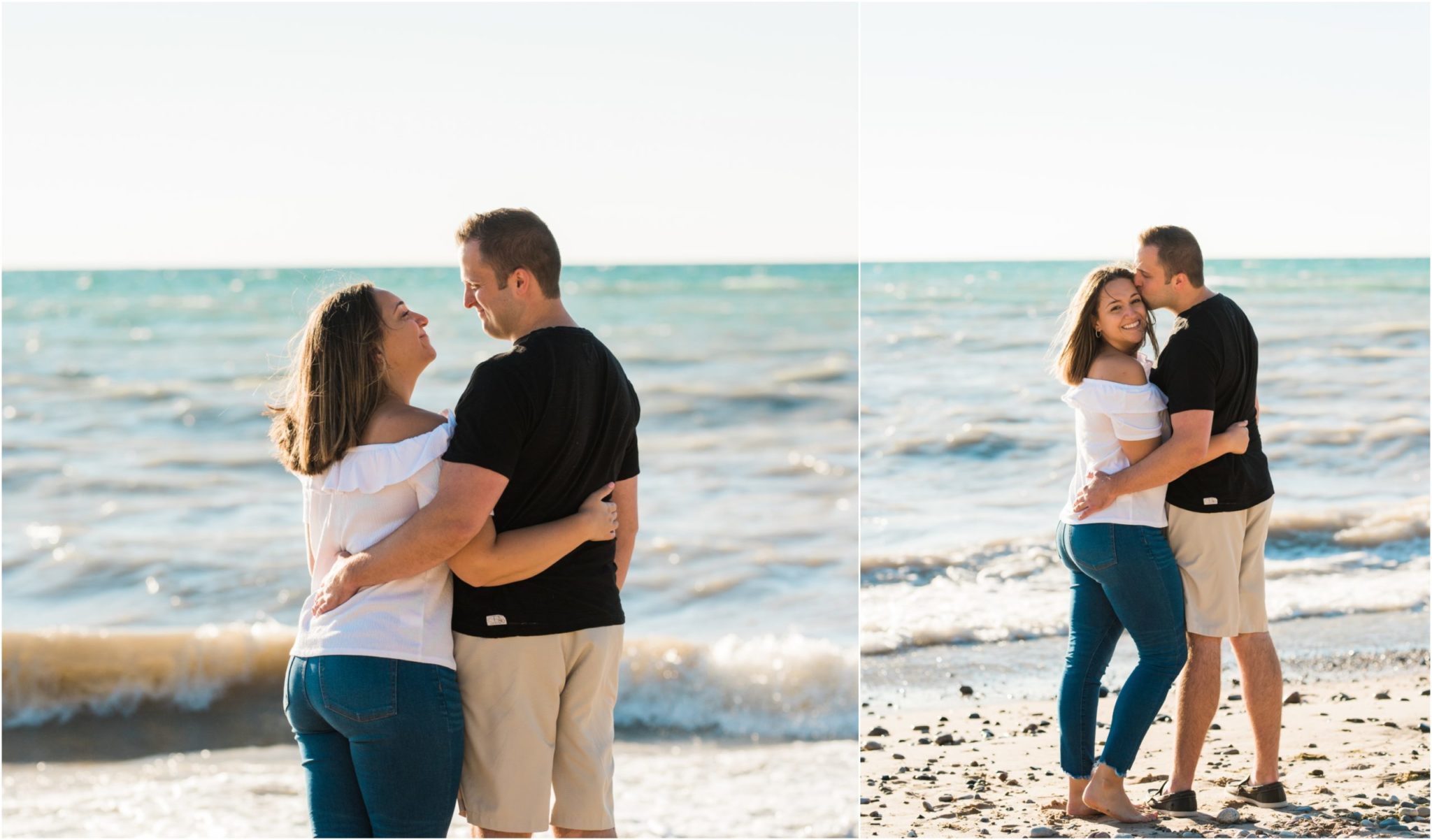 Collage image of a couple holding one another and smiling on the beach in South haven, MI.