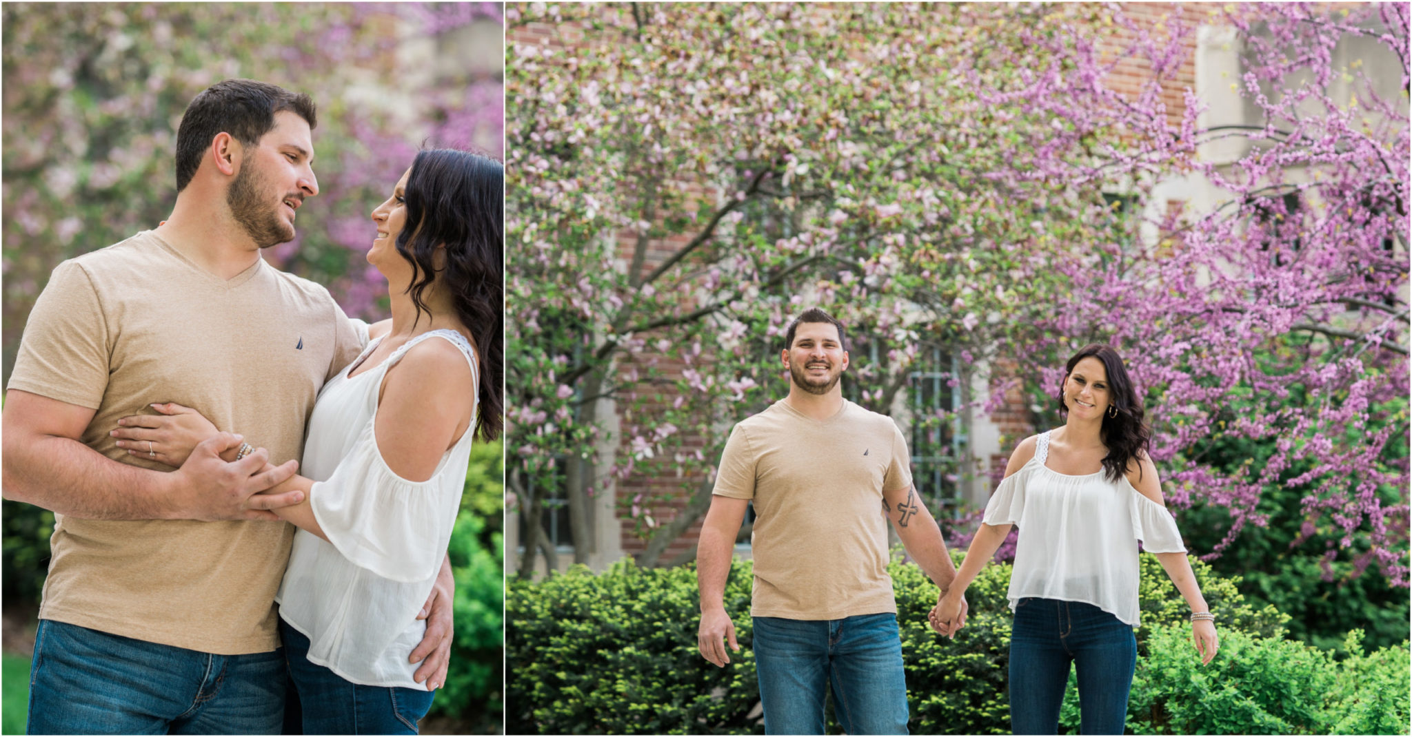 a couple embracing and walking during their engagement photo session in east lansing