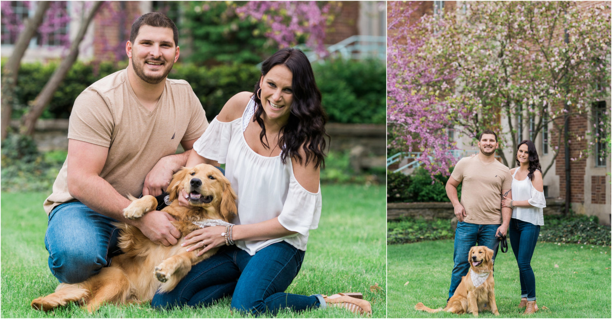 a couple holding their golden retriever dog during their engagement photo session in east lansing
