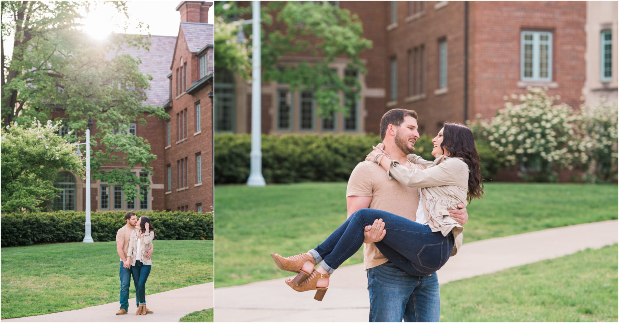 a couple kissing and embracing during their engagement photo session in east lansing