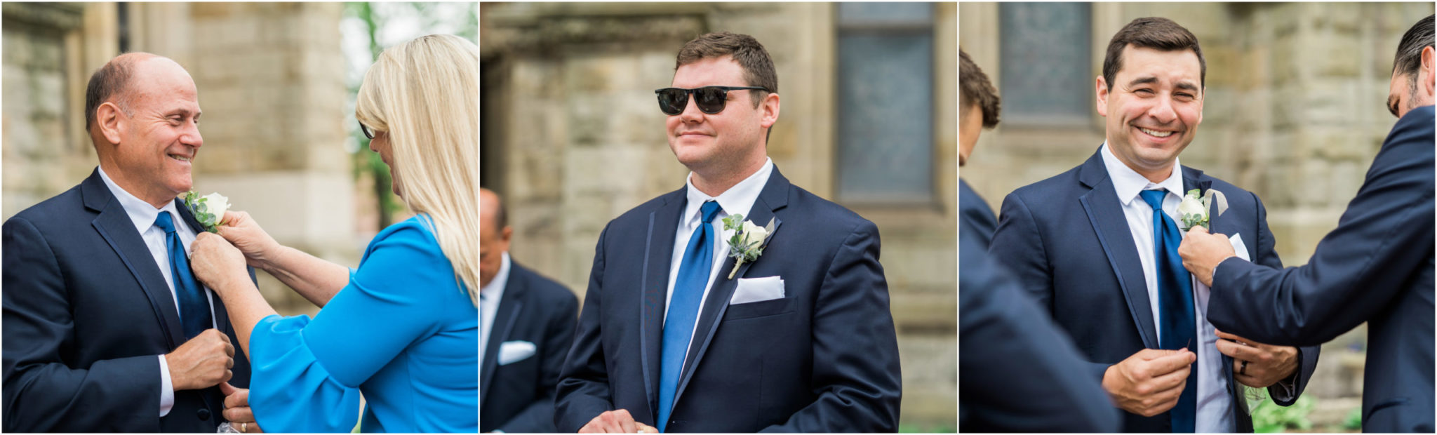 a collaged image of groomsmen outside of the basilica of sainte anne de detroit 