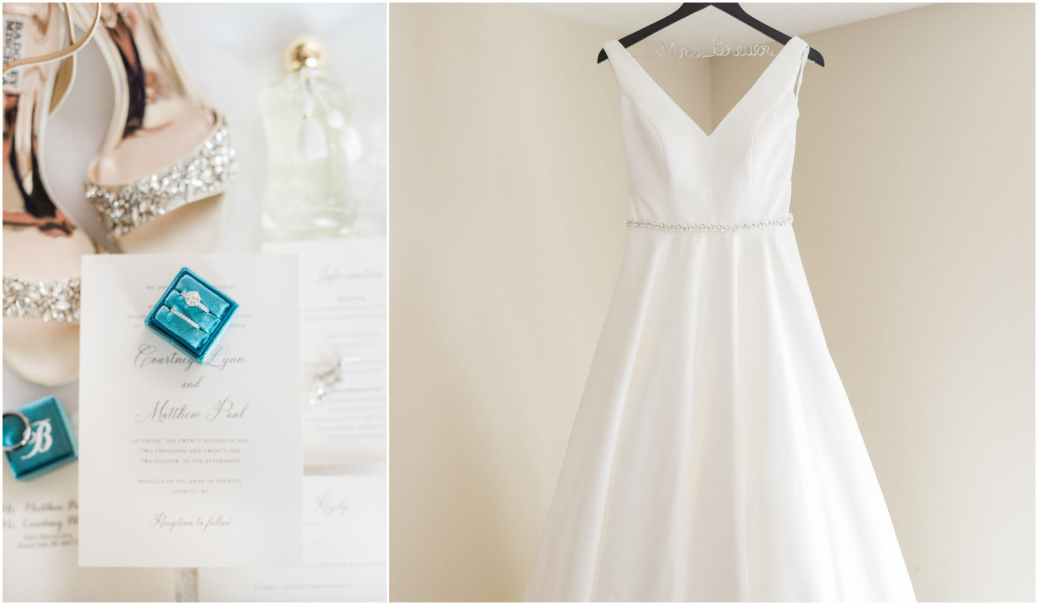 collaged image of wedding day details including wedding dress, engagement ring, bride's shoes