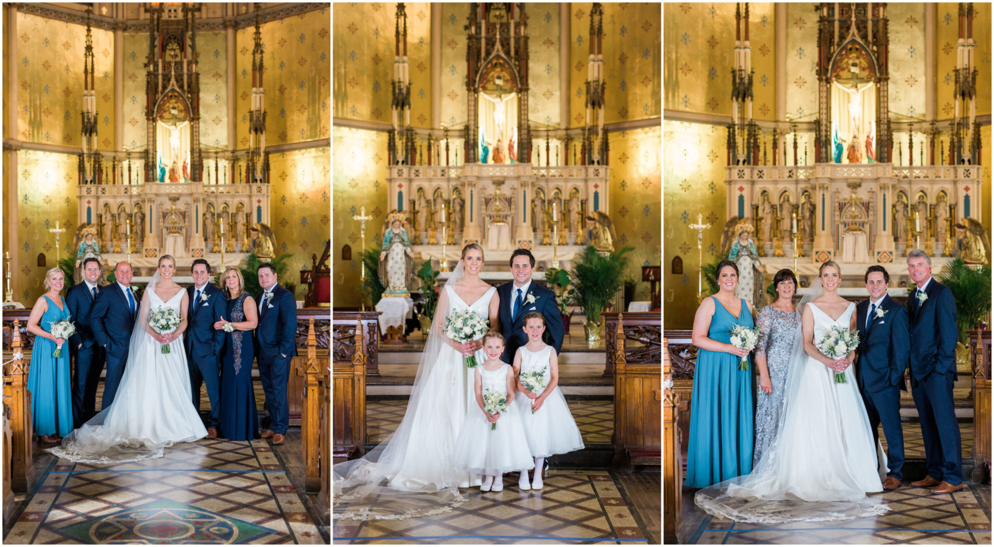 bride and groom and family portraits in the church downtown detroit after their wedding ceremony