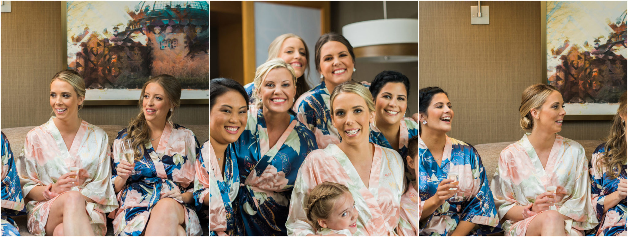 collaged image of a bride interacting with her bridesmaids in anticipation of her detroit wedding