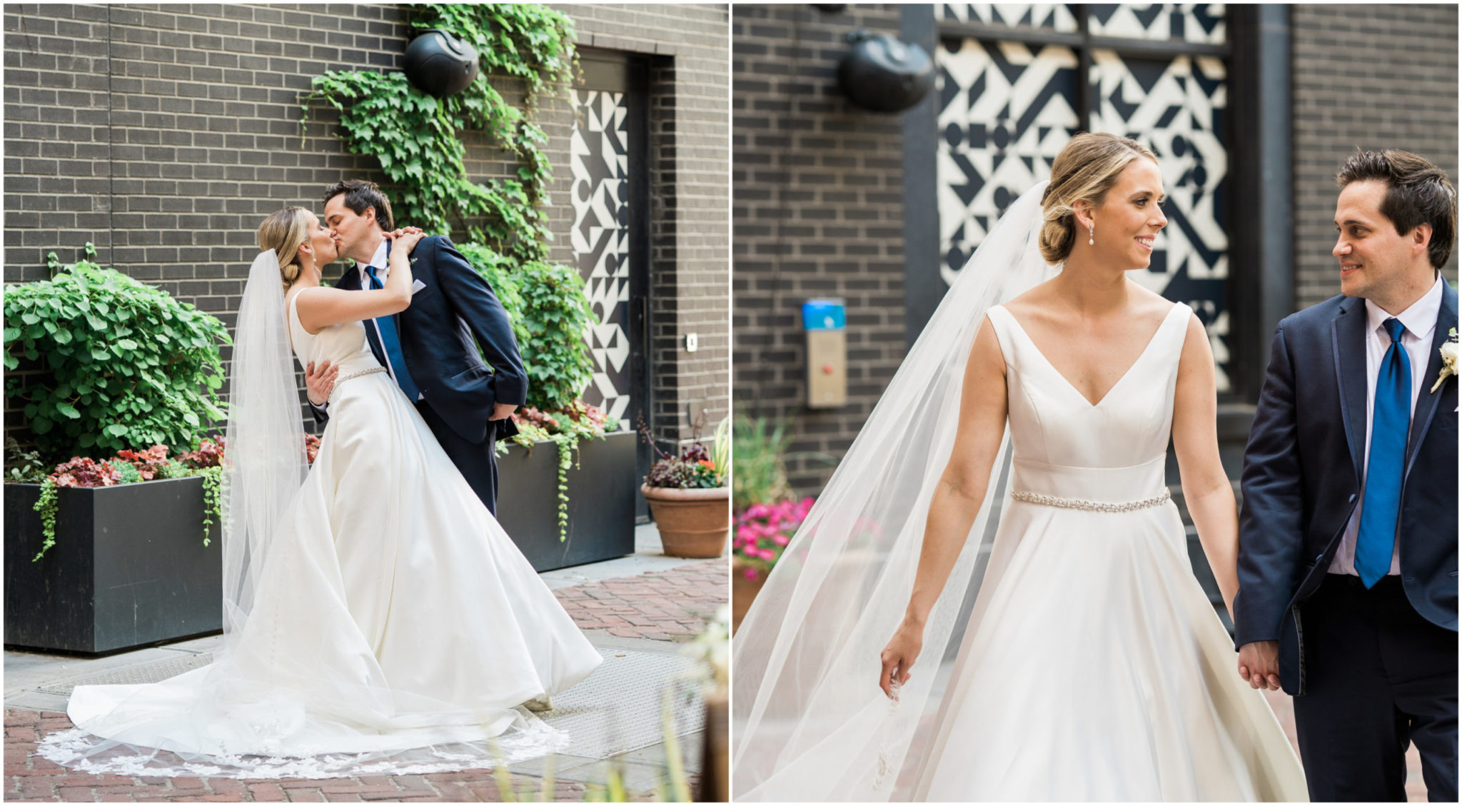 a bride and groom holding and kissing during their wedding day portraits downtown detroit,downtown detroit wedding day