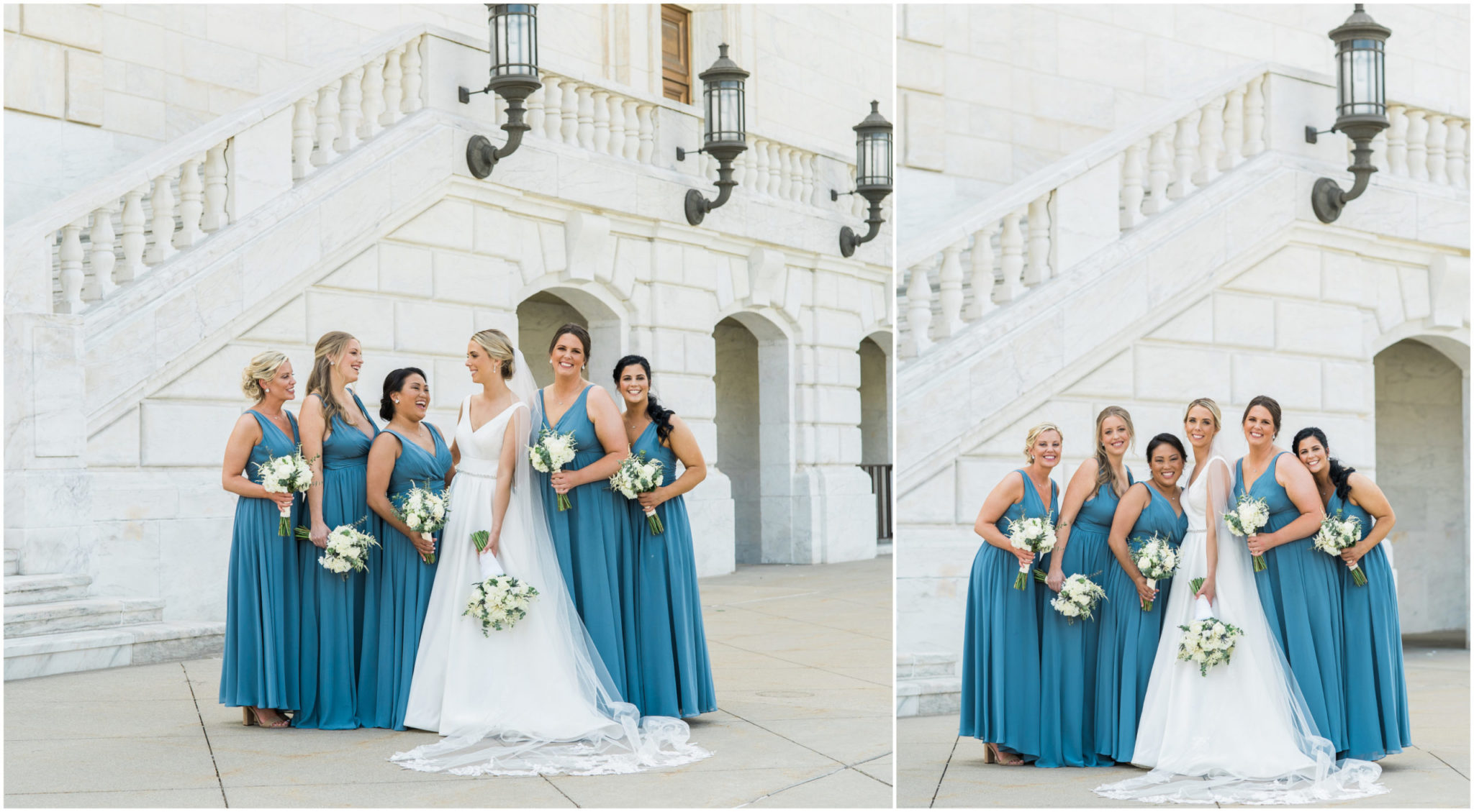 a collaged image of a bride with her bridesmaids in front of the detroit institute of arts in downtown detroit,downtown detroit wedding day