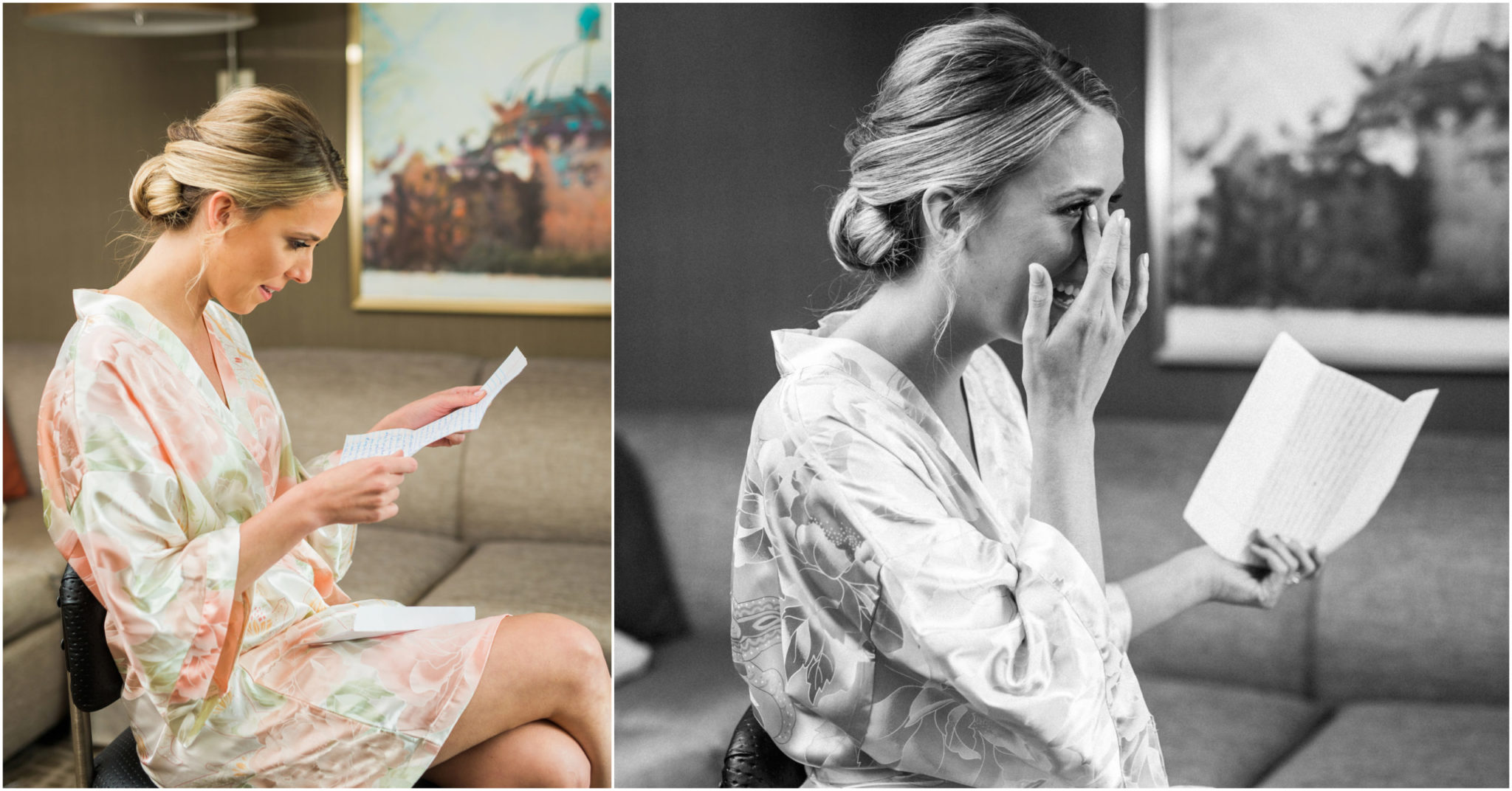 a bride reading a personal letter from her fiance before her detroit wedding
