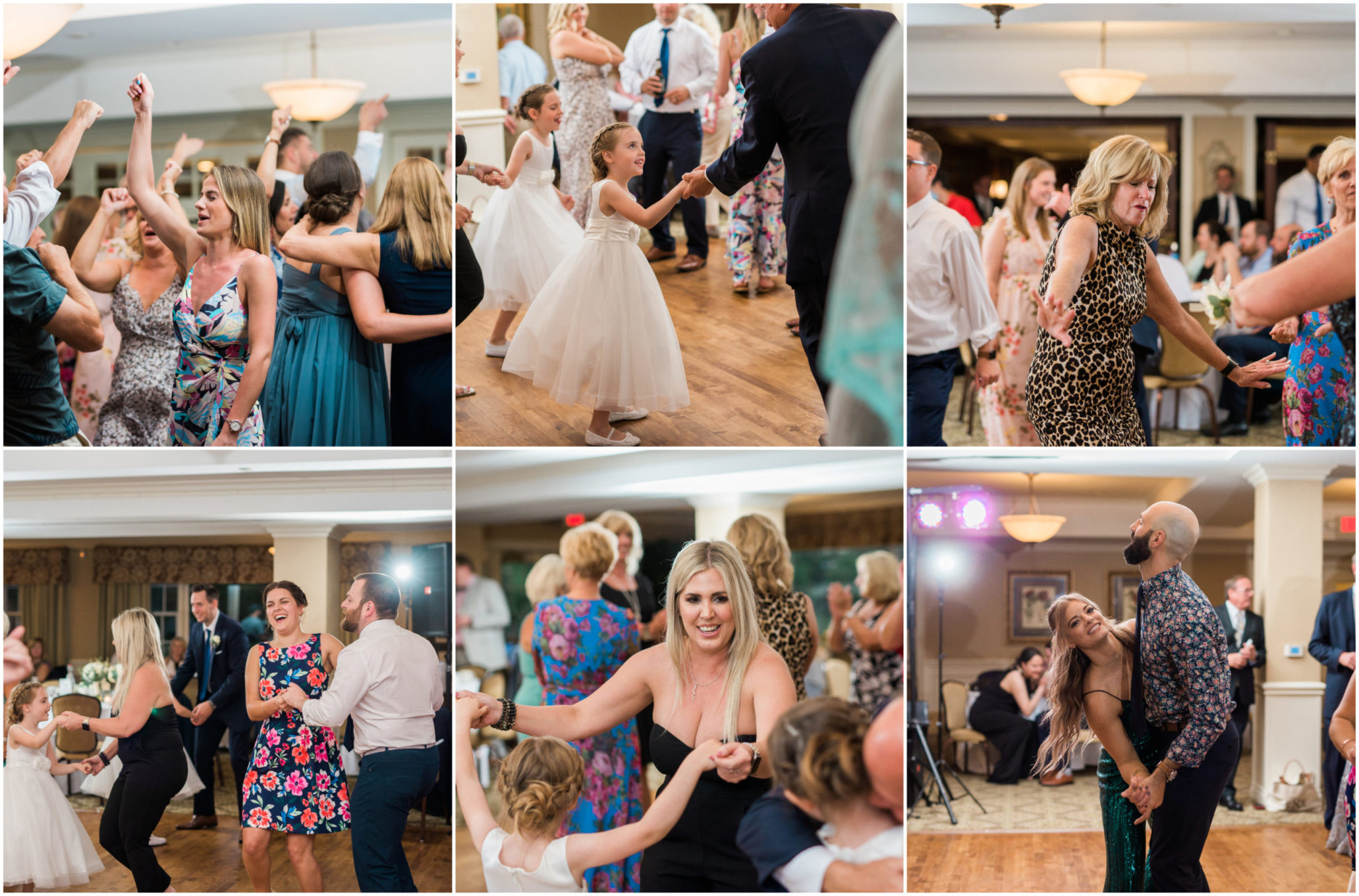 a collaged image of wedding guests on the dance floor during a wedding at red run golf course in royal oak michigan