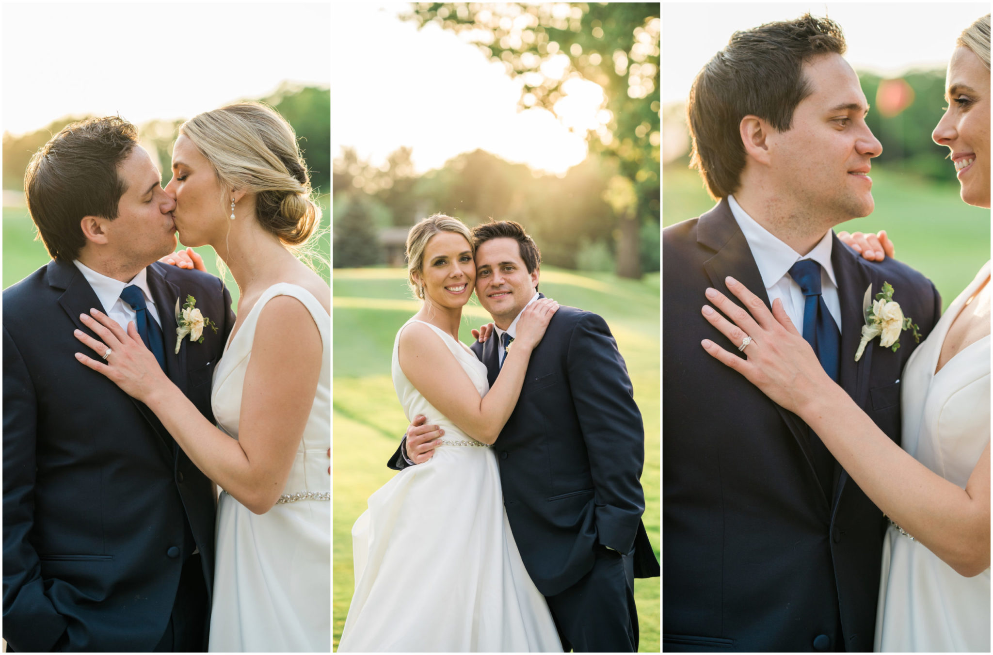 a bride and groom walking and smiling at each other during golden hour lighting portraits at their downtown detroit wedding