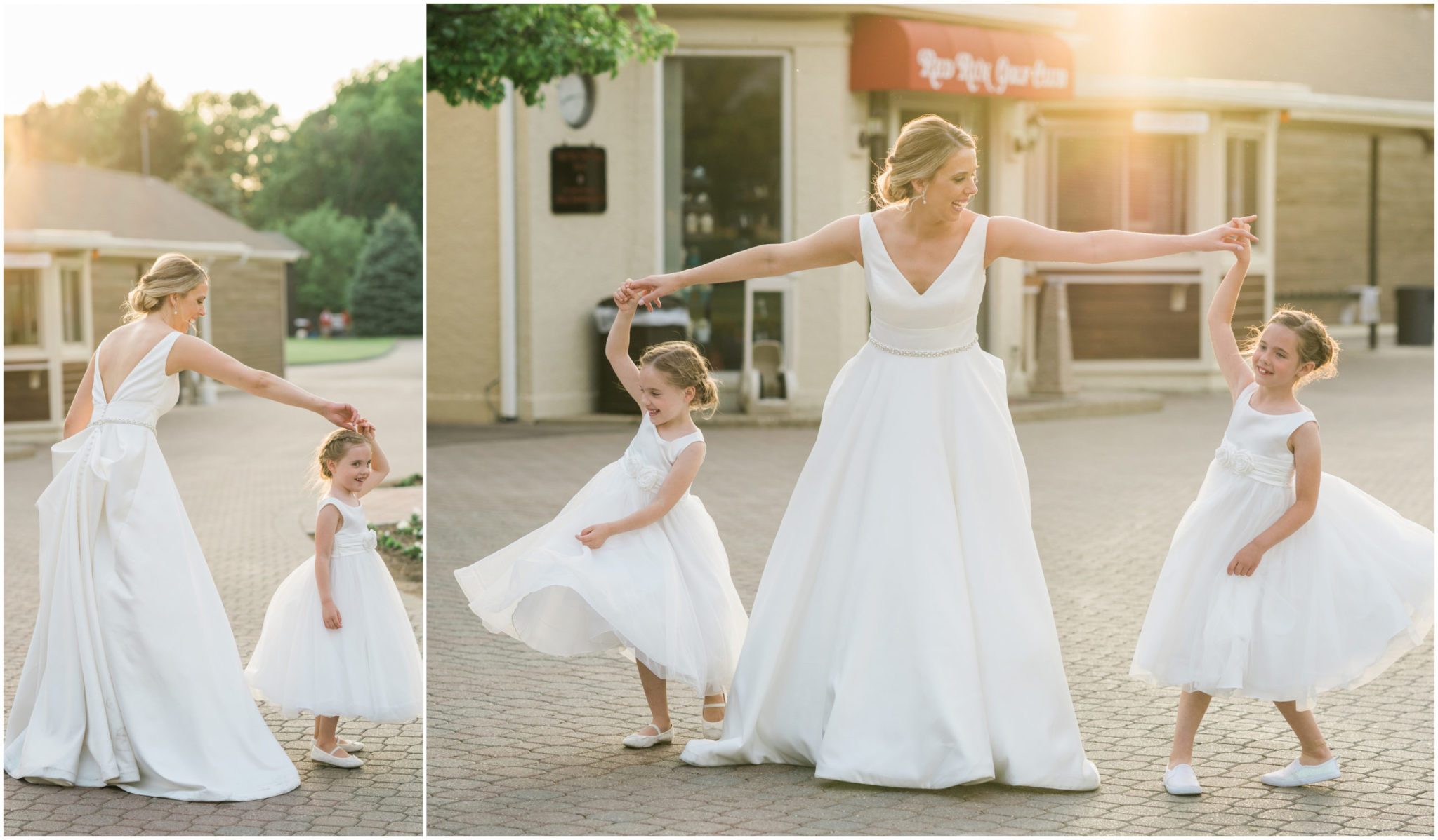 a bride twirling flower girls during golden hour lighting at the red run golf course