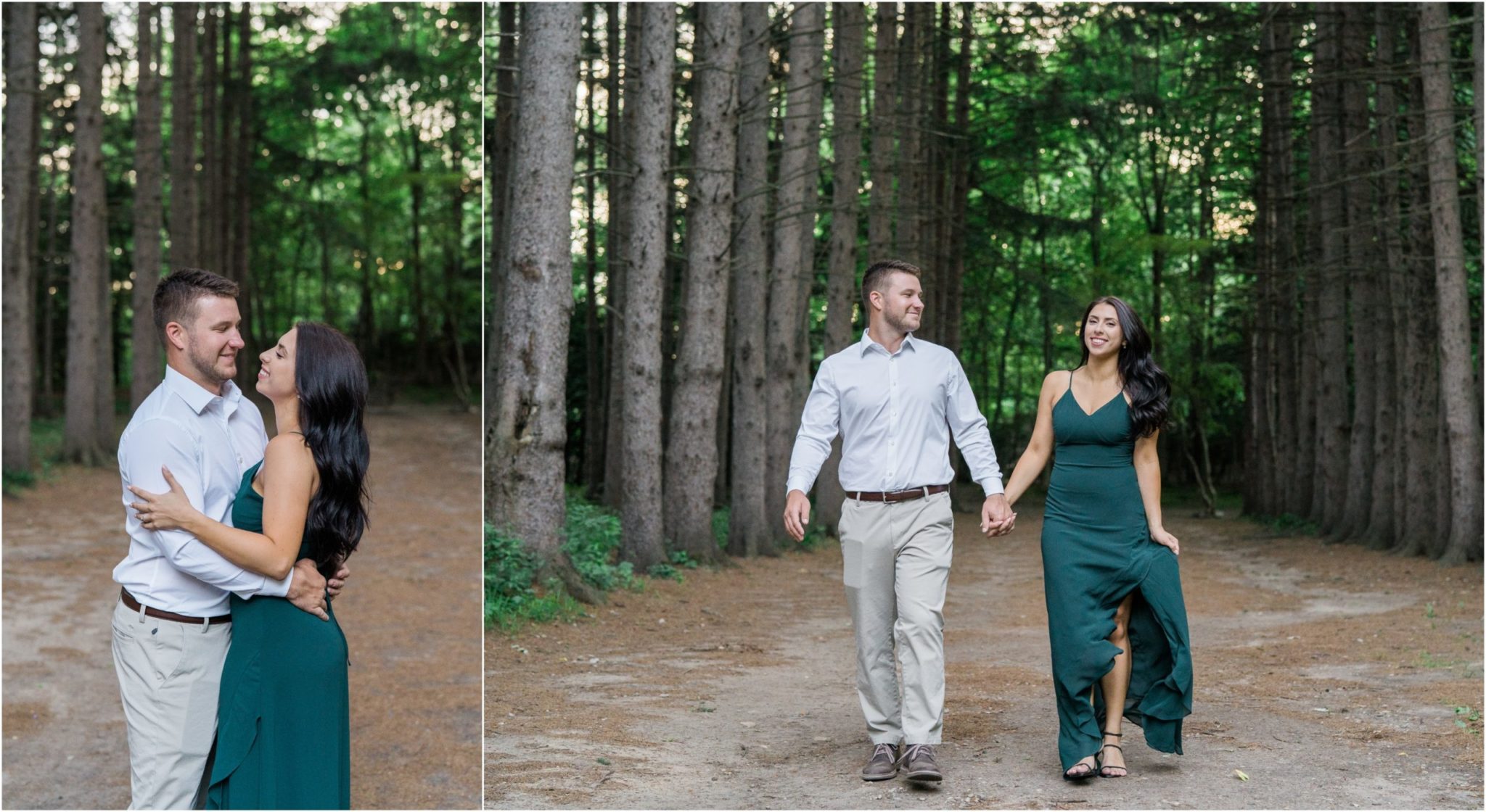 a collaged image of an engaged couple embracing and walking during their engagement photo session