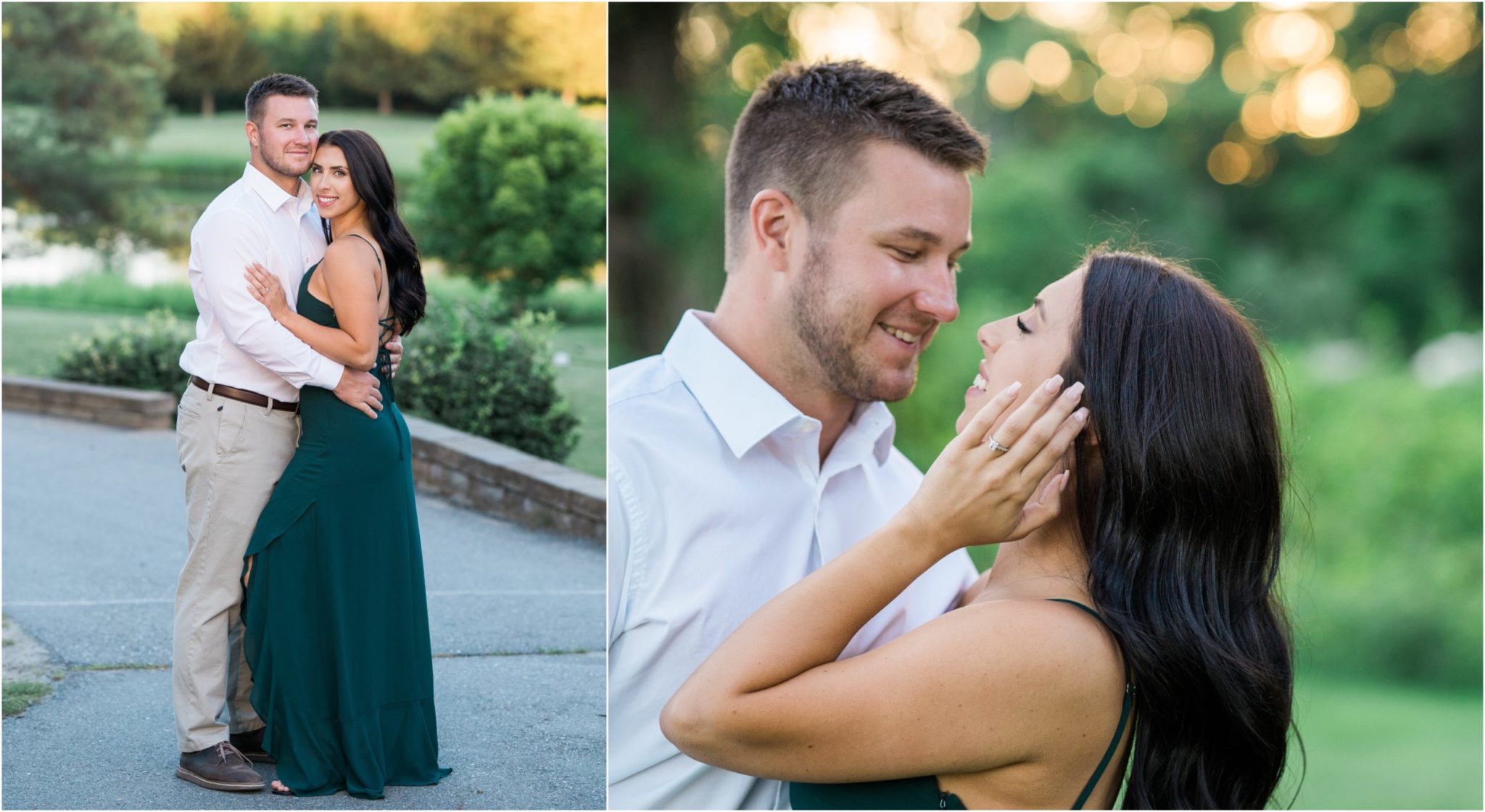 a collaged image of a couple embracing during their engagement photo session at stoney creek metro park golf course