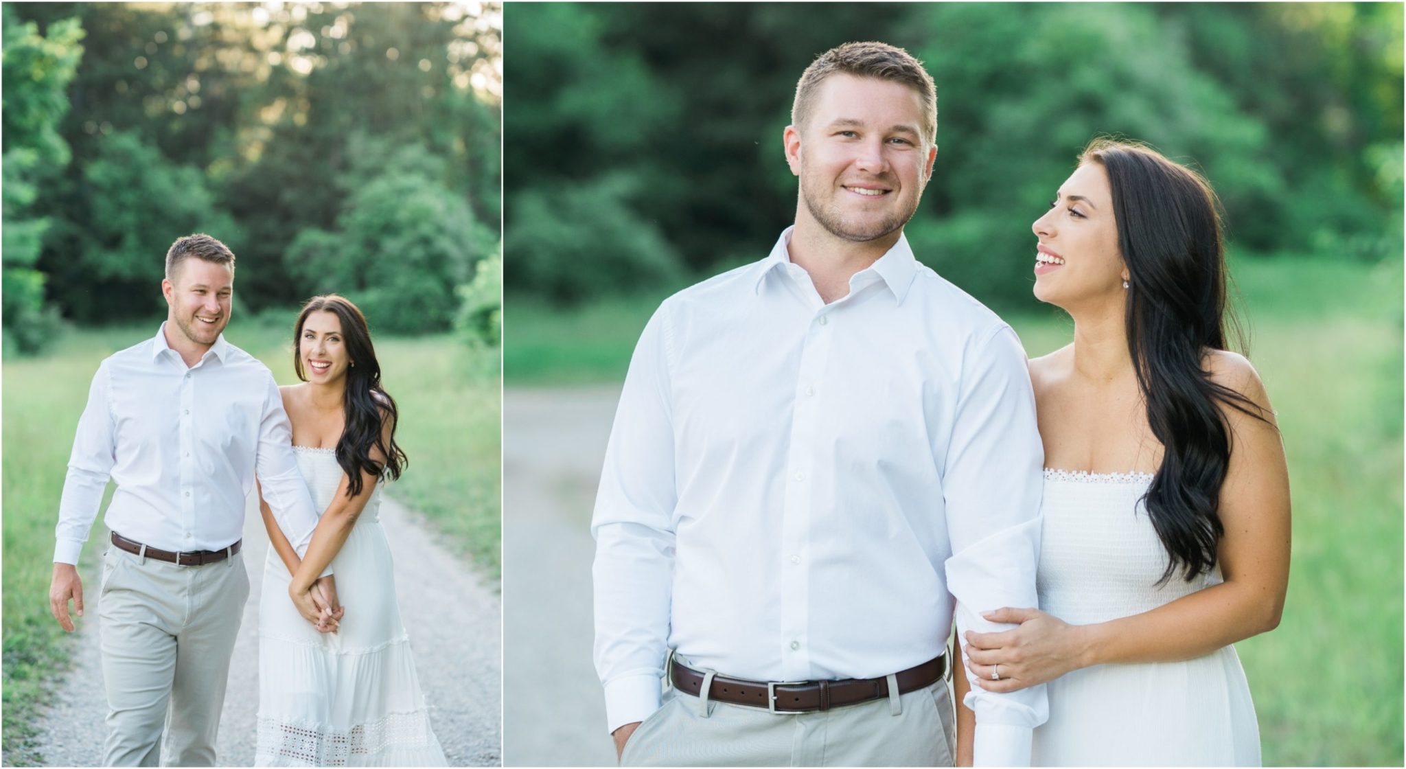 a collaged image of an engaged couple holding hands and walking on a path at stoney creek metropark during their engagement photos