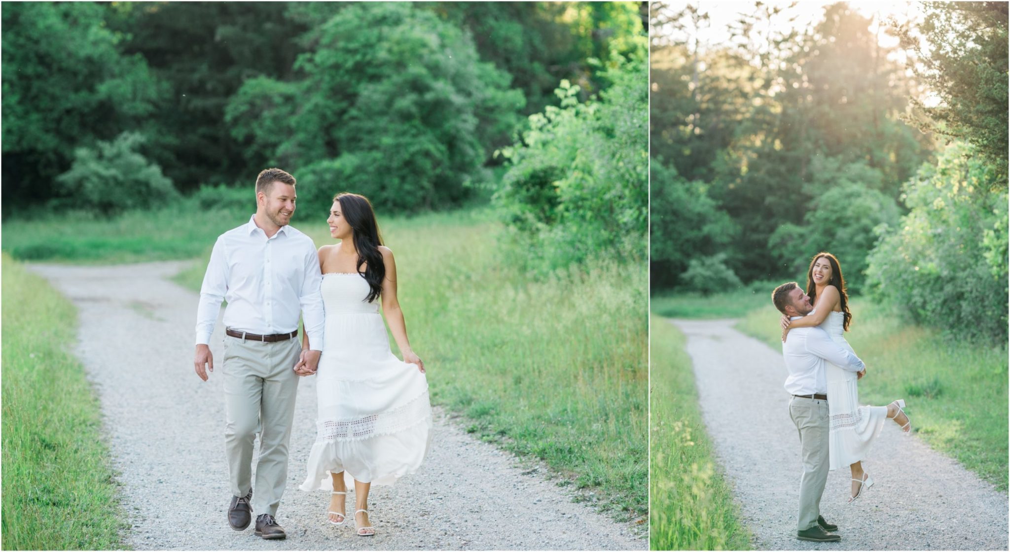 a collaged image of a couple walking while holding hands and another of the guy picking her up during their engagement photo session at stoney creek metro park