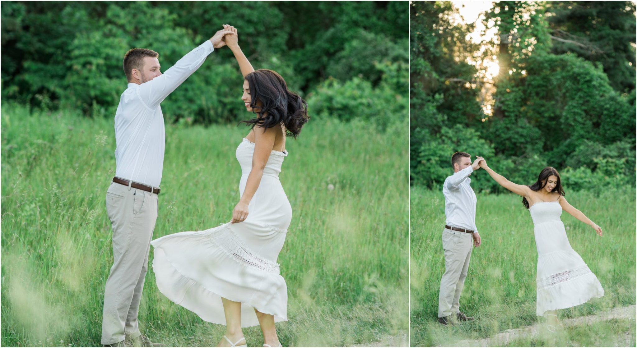 an engaged couple twirling during their engagement session at stoney creek metro park