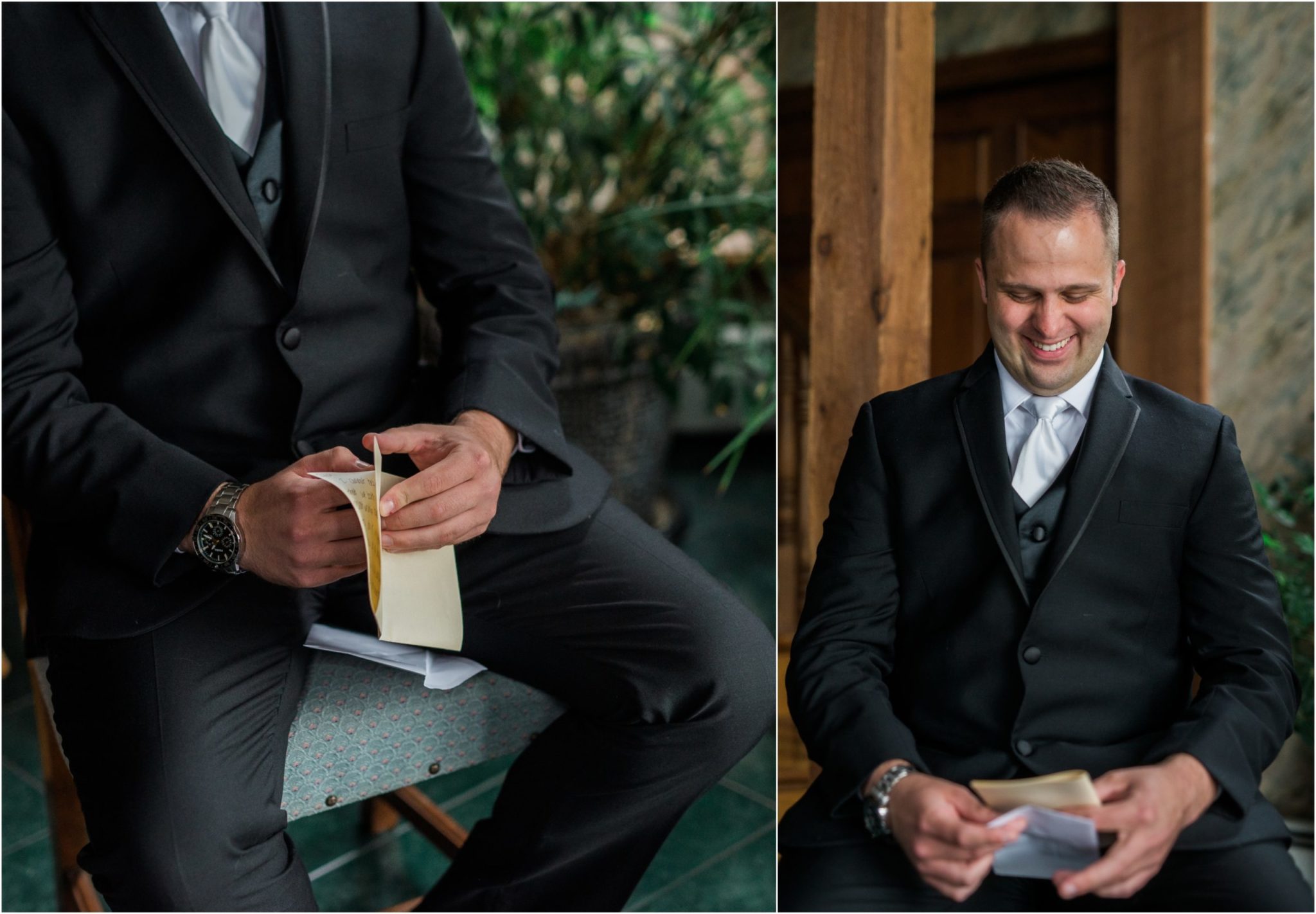 a groom reading his letter from his bride on wedding day