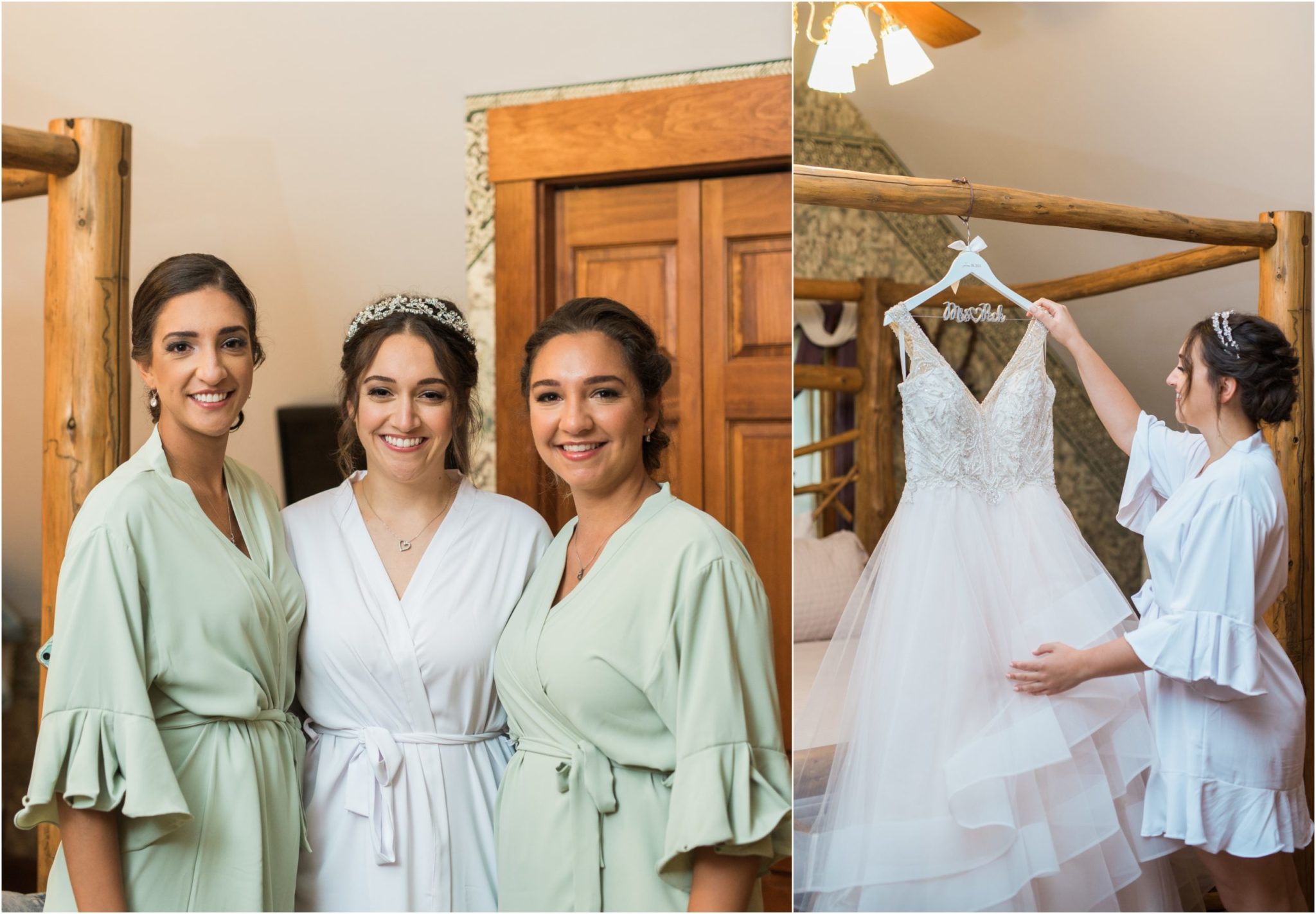 a bride with her maid of honor and holding her justin alexander ballgown on wedding day