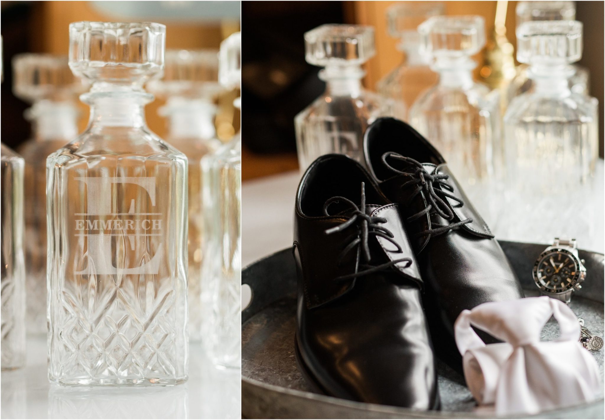 a groom's wedding day details including watch, flask, shoes, and tie