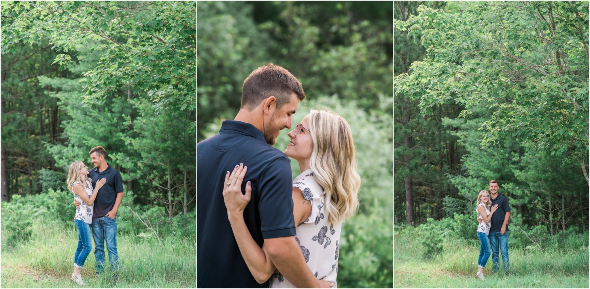 a collaged image of a couple embracing during their engagement photo session in grayling michigan