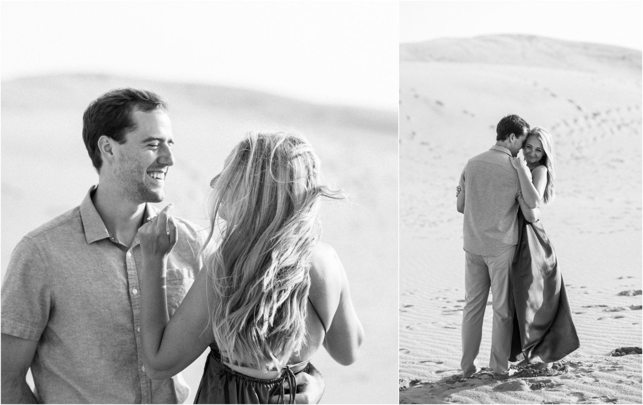 a collaged image of a couple smiling at each other during their engagement session at silver lake michigan