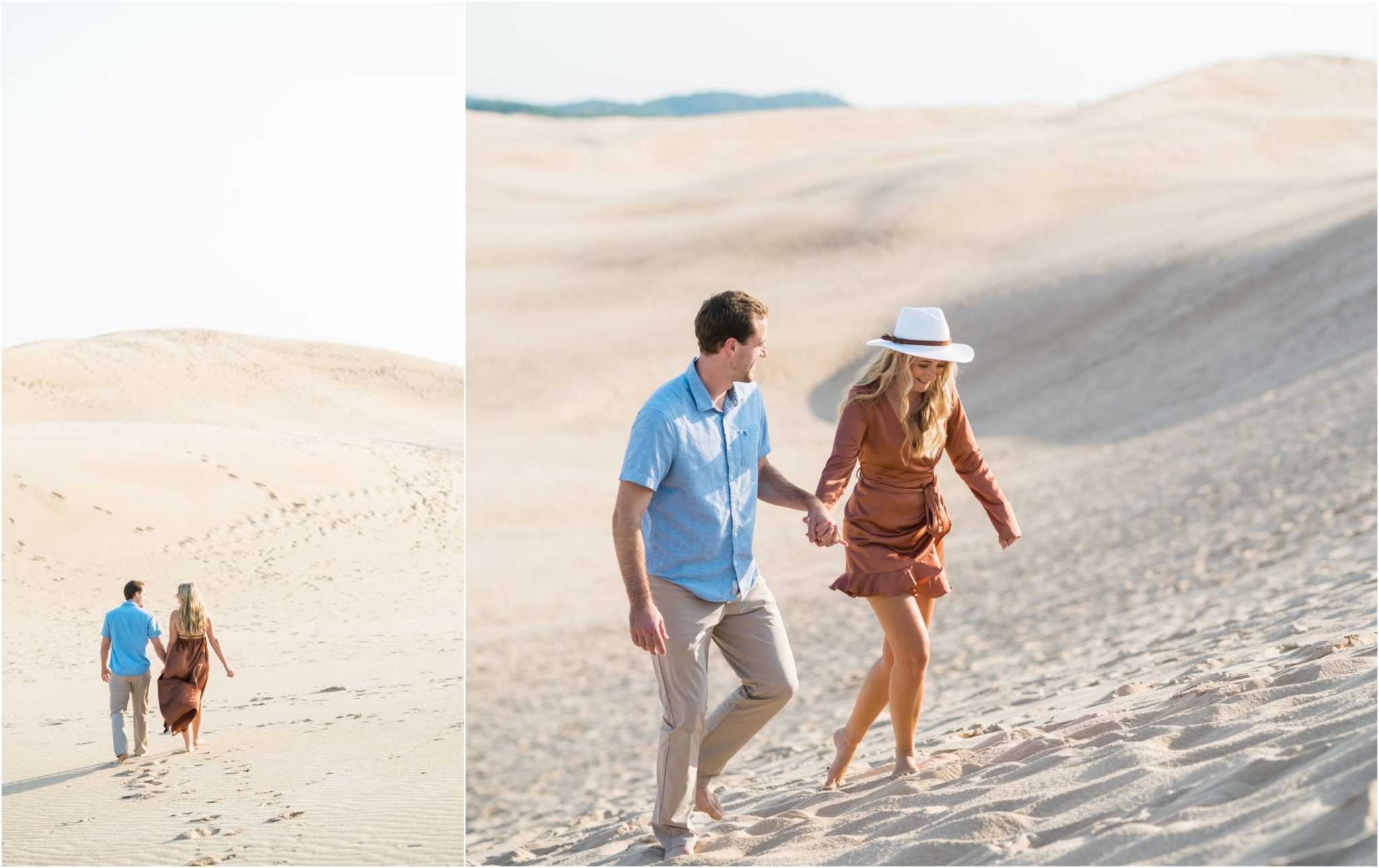 a couple walking on the sand dunes during their summer engagement session in michigan