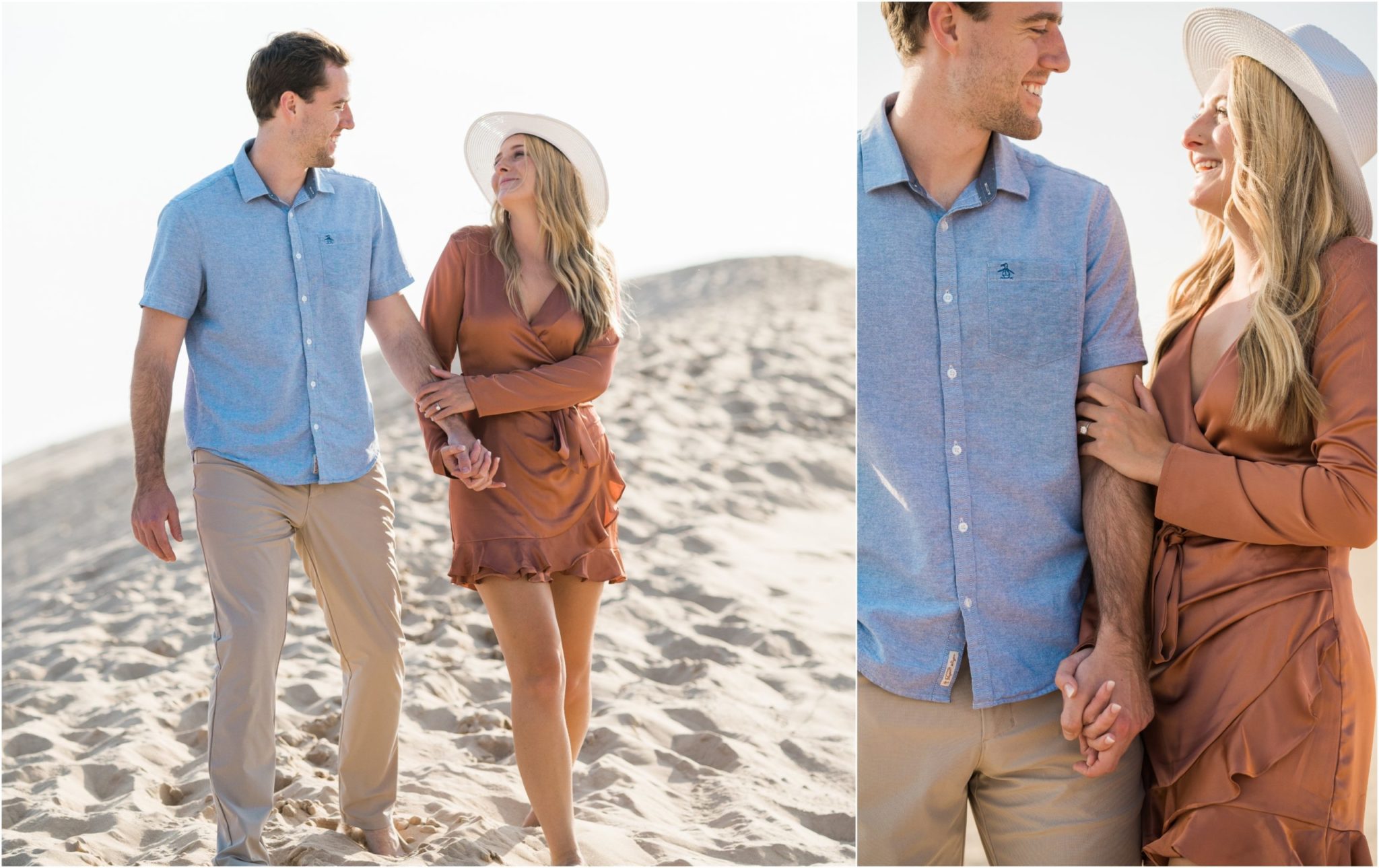 a couple embracing and walking and smiling during their sand dune engagement photo session