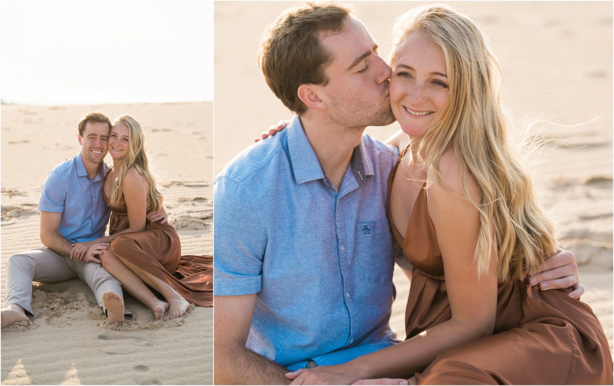 a couple sitting and smiling during their summer sand dune engagement photo session in michigan