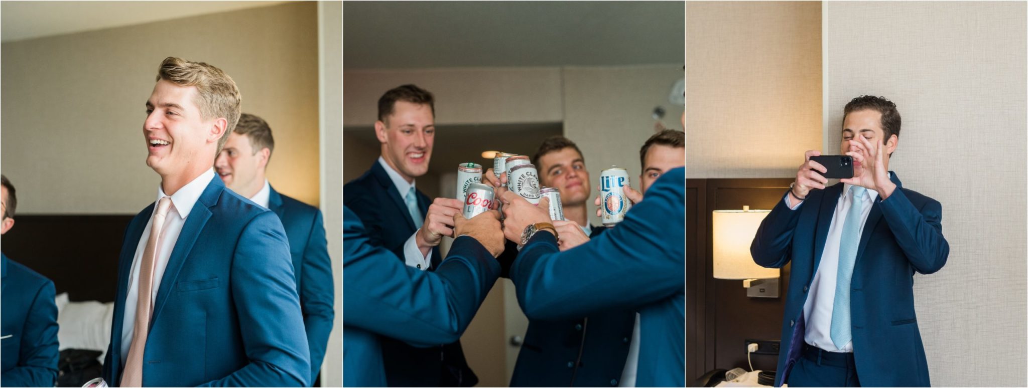 a collaged image of groomsmen cheersing on wedding day