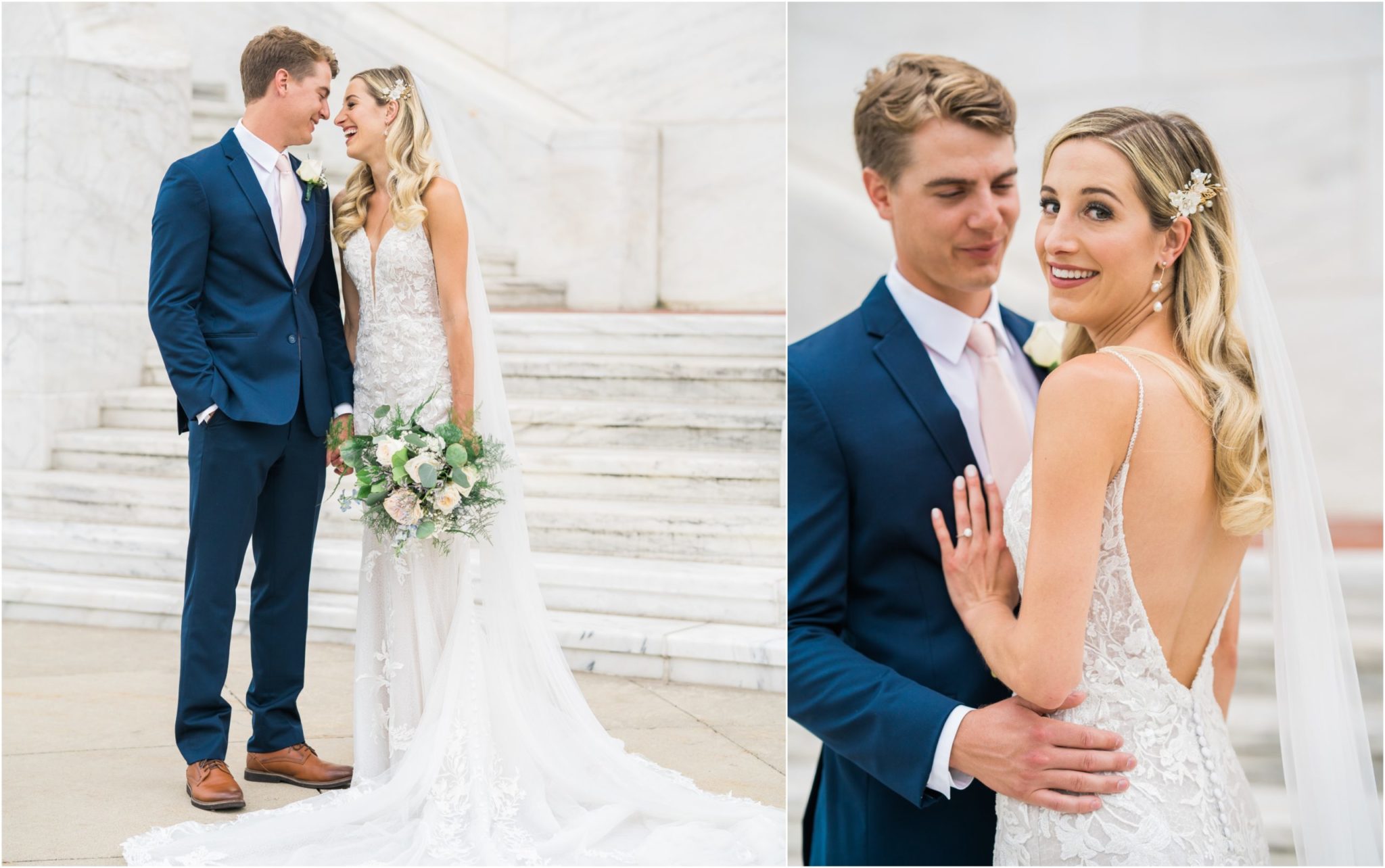 a collaged image of a bride and groom looking and smiling at the camera on their classic wedding day