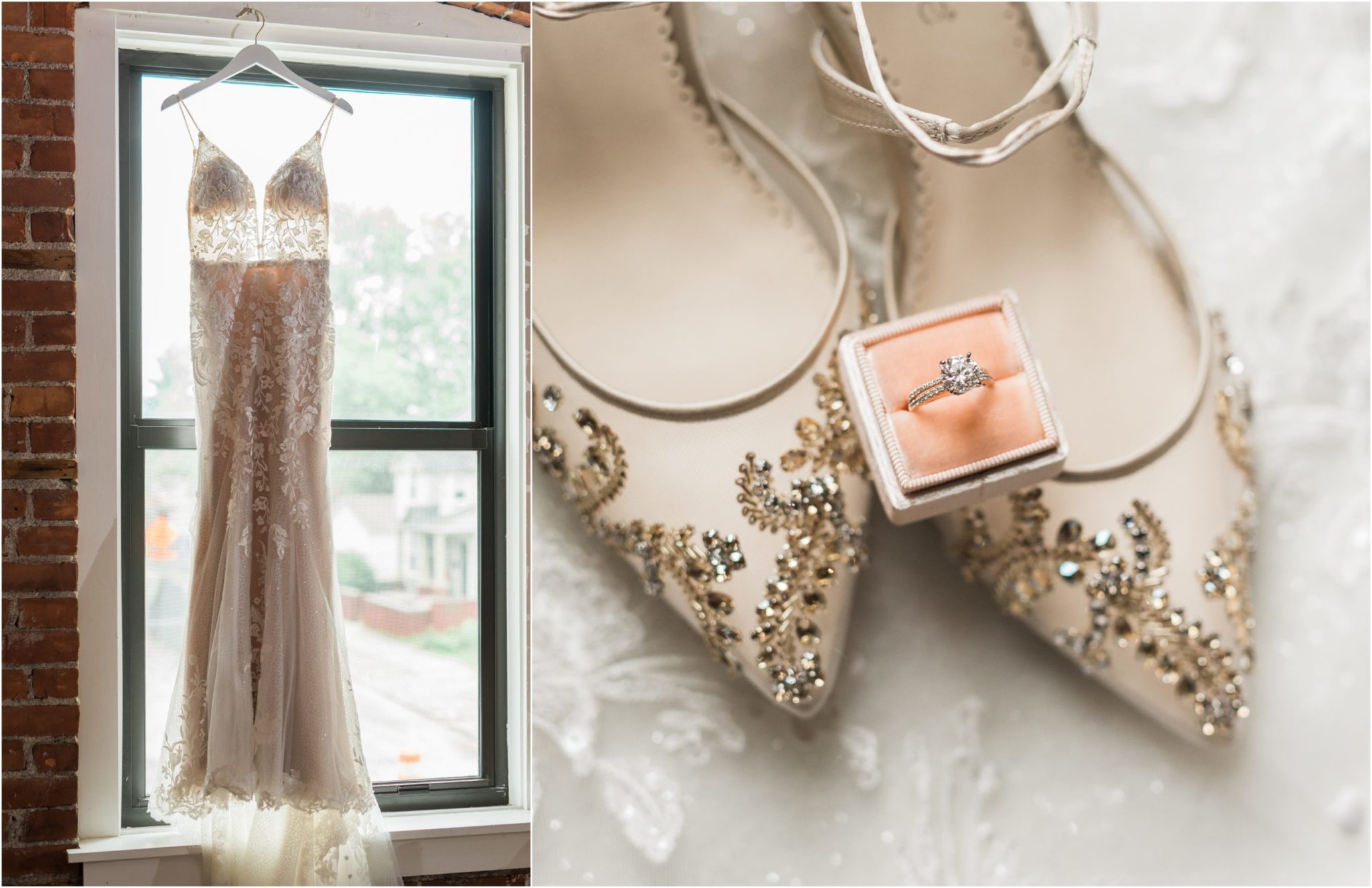 collaged image of wedding details including an essence of australia wedding dress and shoes and an engagement ring