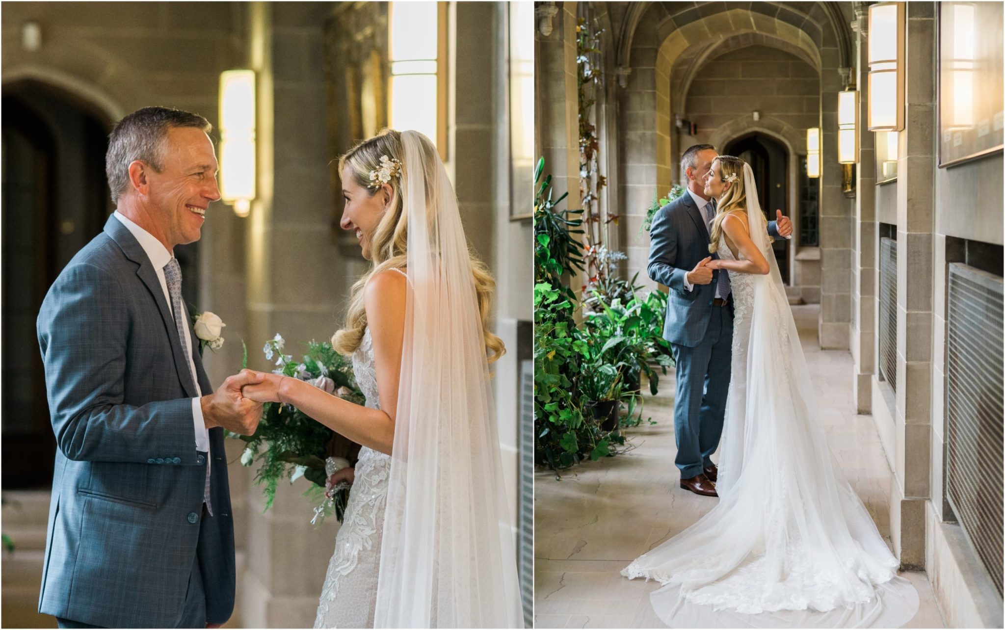 a collaged image of a bride and first look with her dad on a downtown detroit wedding day