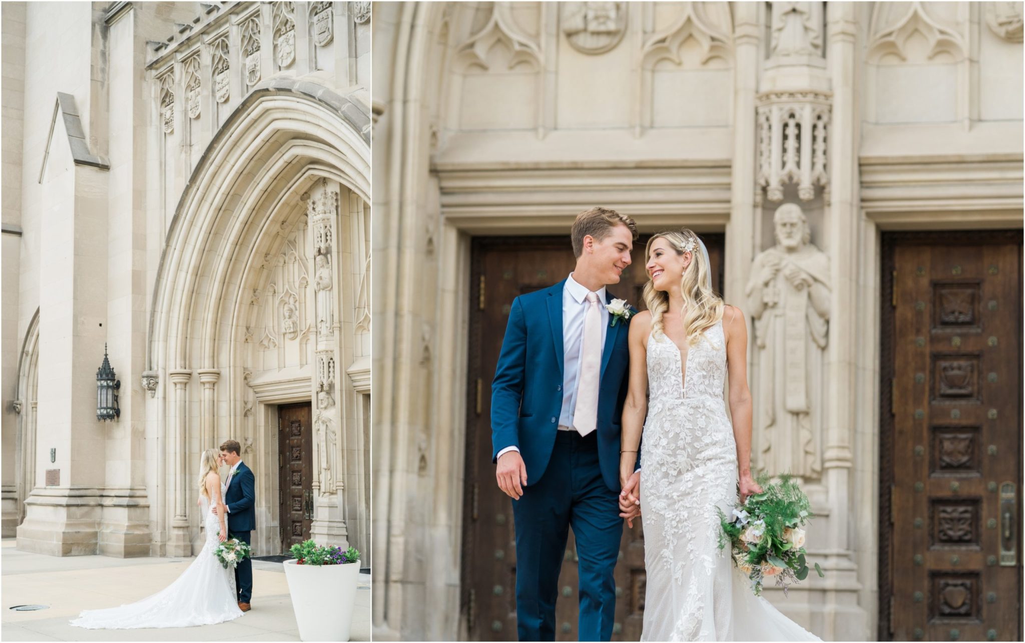 a bride and groom walking out of the church during their downtown detroit wedding ceremony