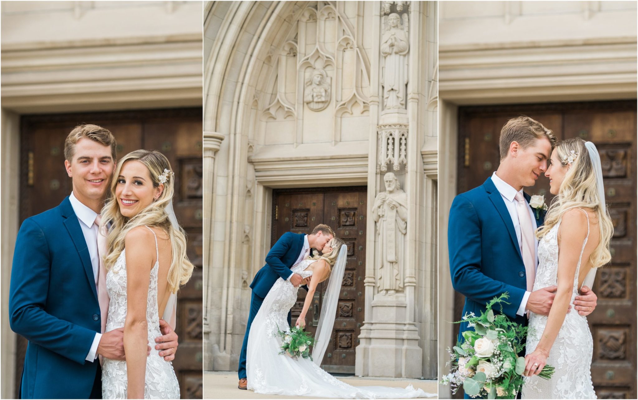 a bride and groom kissing in front of the church in downtown detroit michigan