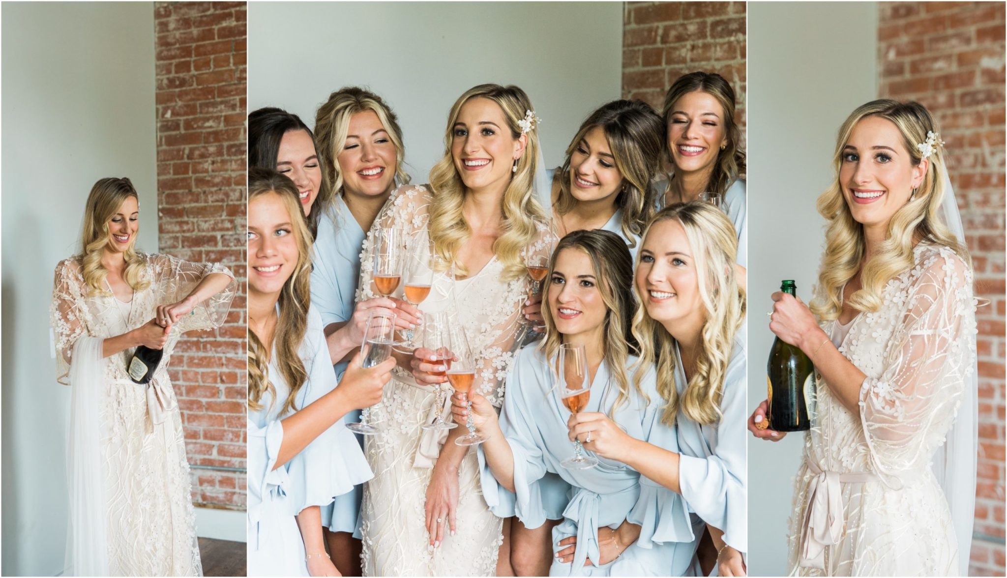 a collaged image of a bride popping champagne with her bridesmaids on wedding day