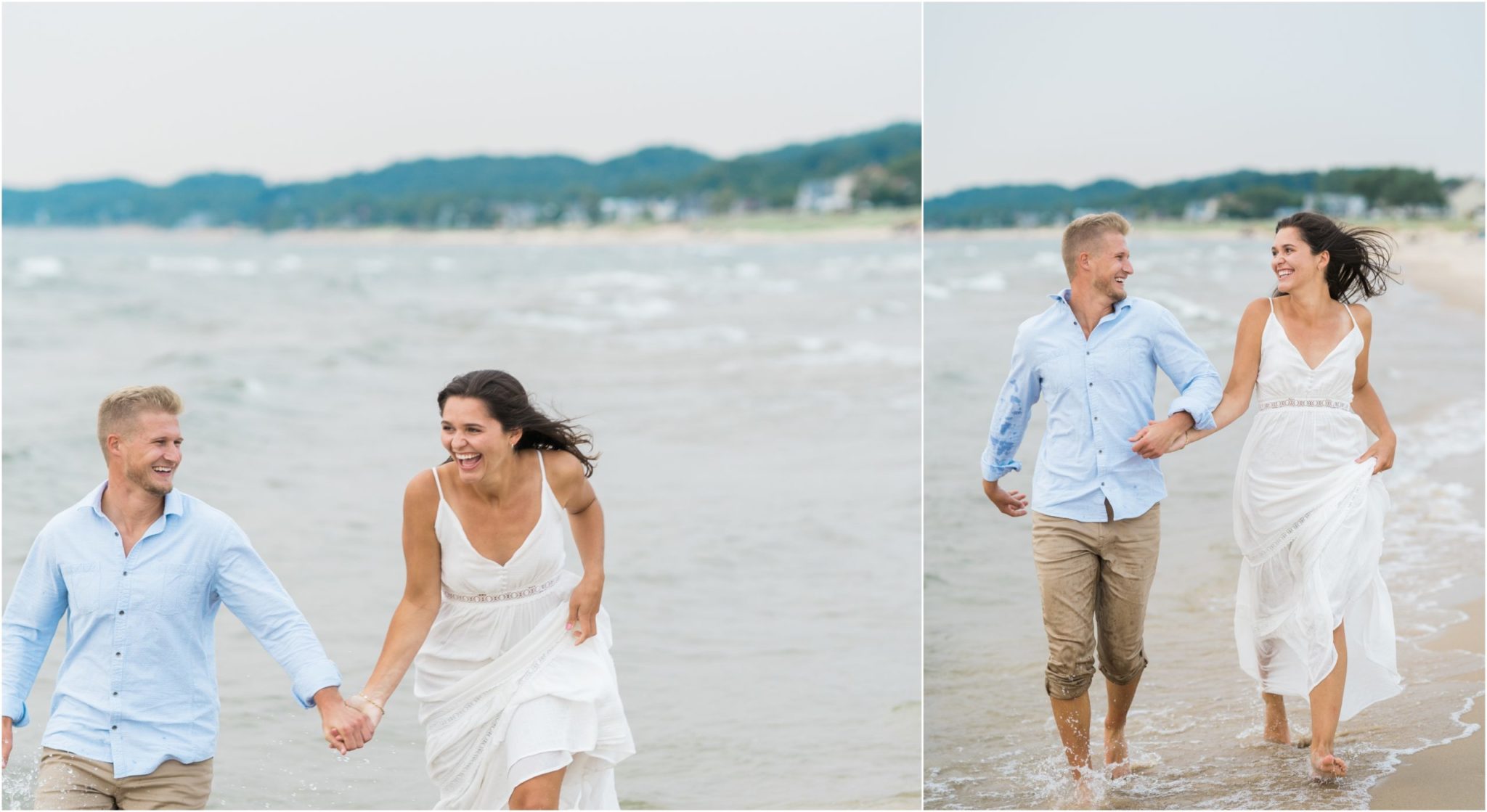 a couple running and laughing during their grand haven beach engagement photo session