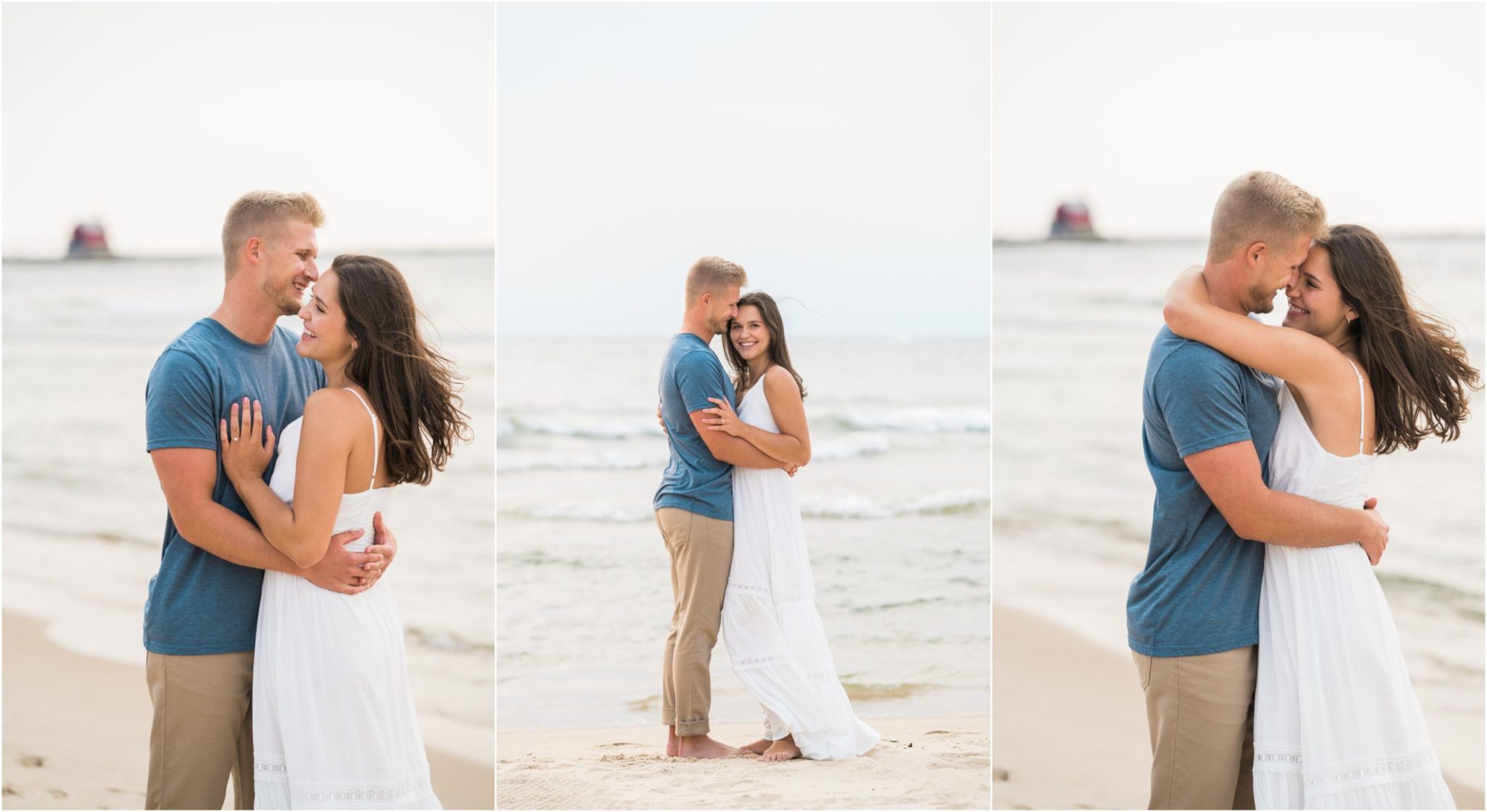 a collaged image of a couple embracing and smiling during their sunset grand haven beach engagement session