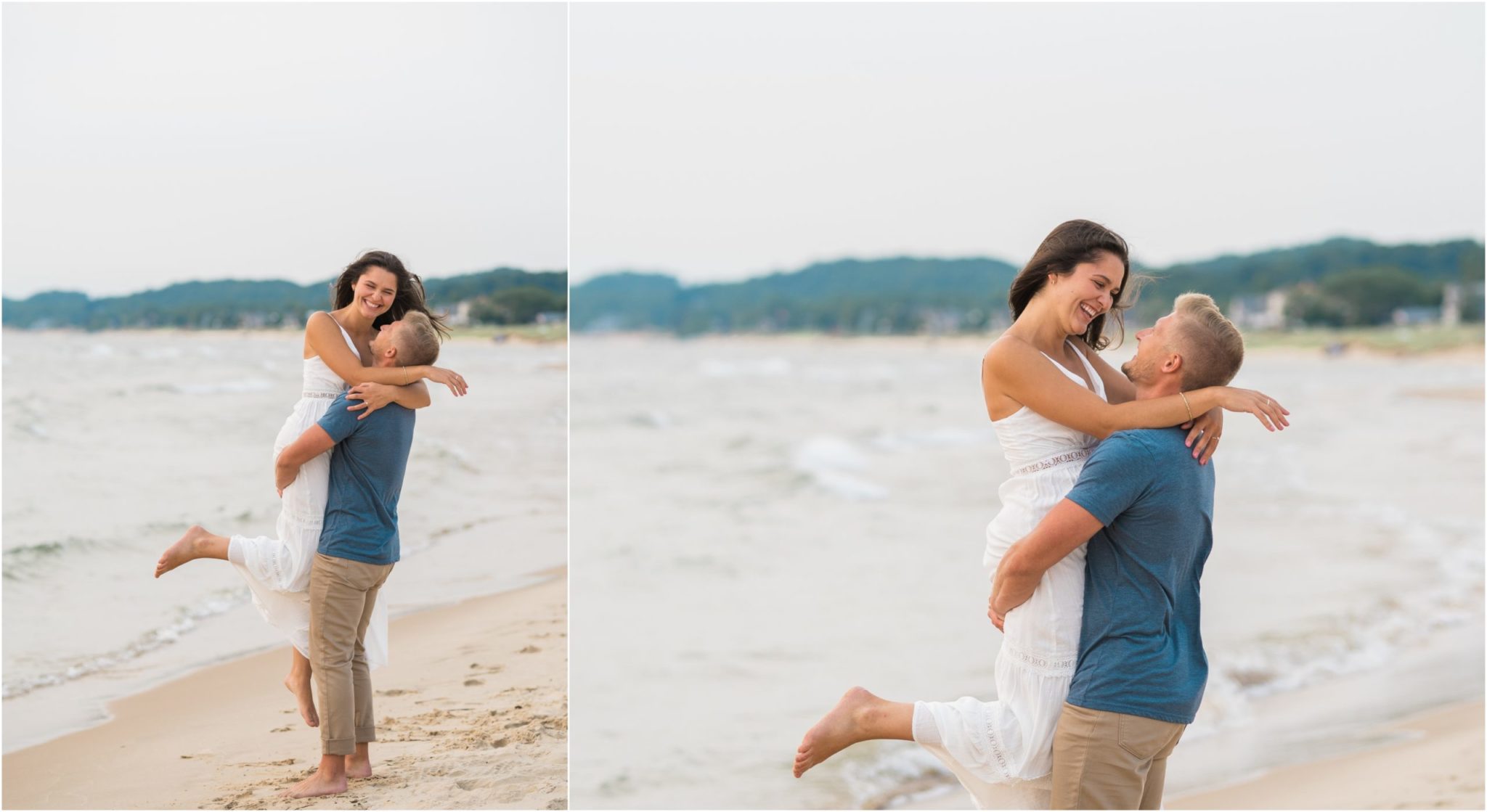 a collaged image of a guy picking up his girlfriend during their sunset grand haven beach engagement session