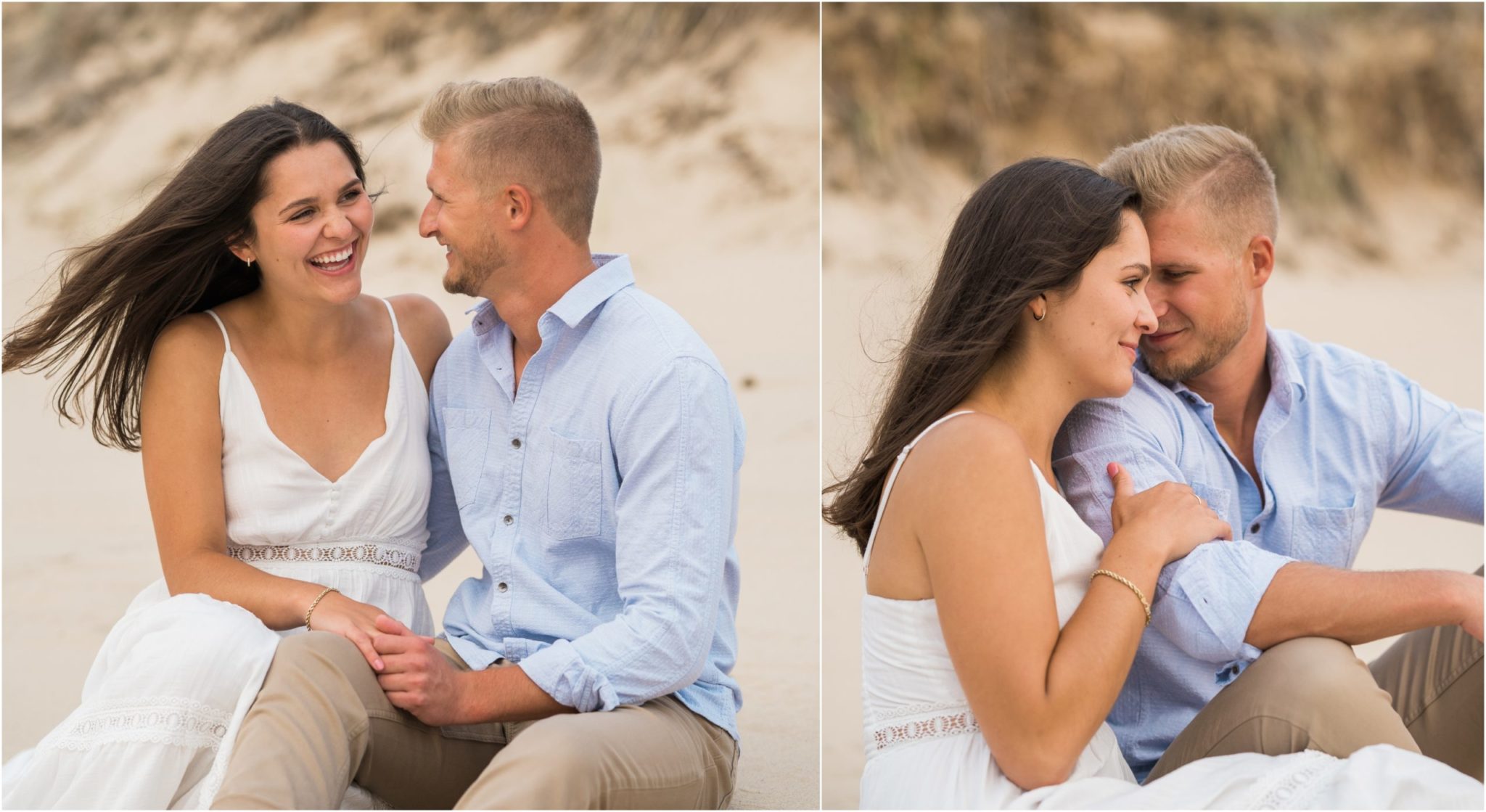 a couple embracing and smiling and sitting on the sand during their sunset grand haven beach engagement session