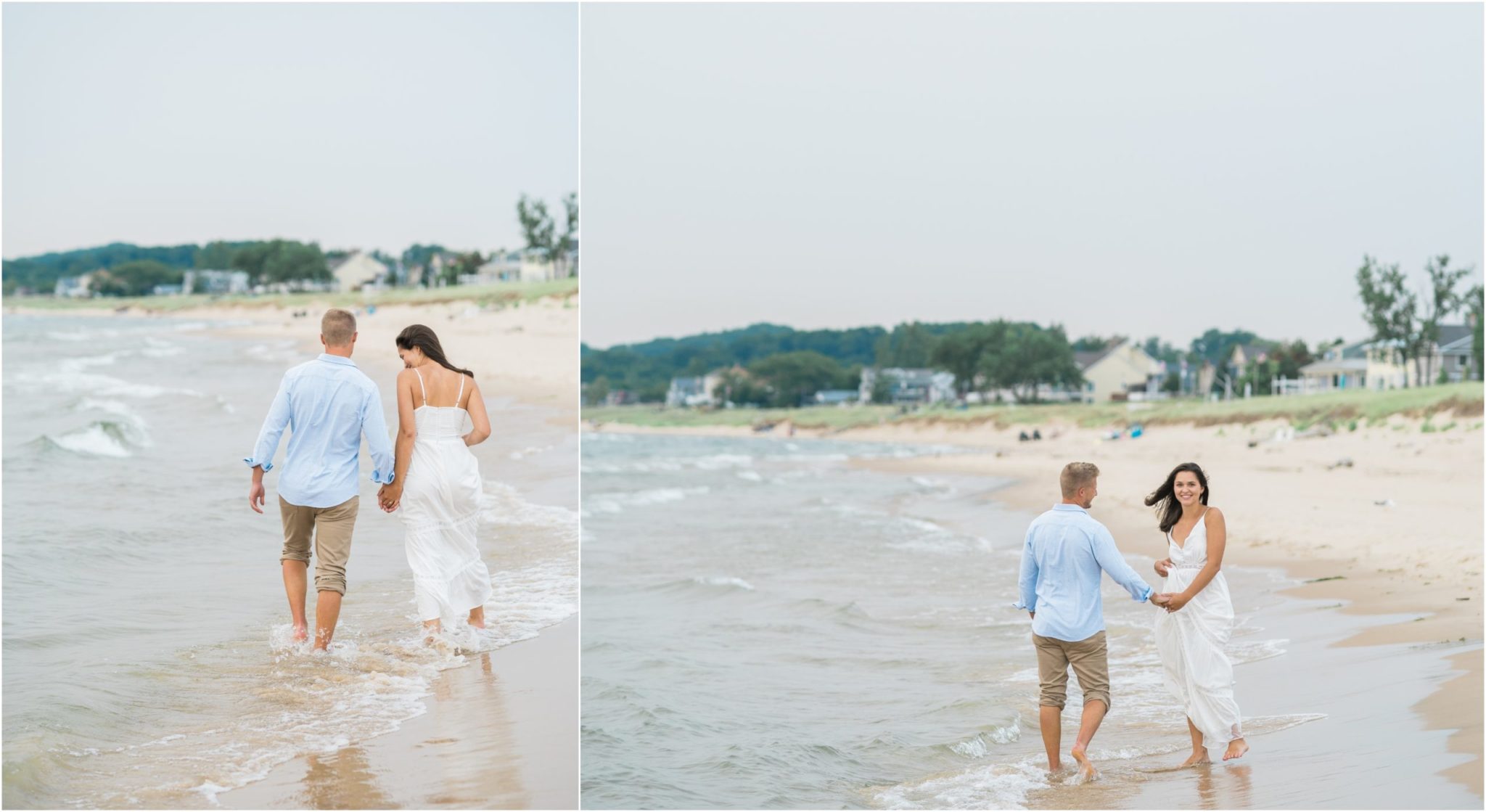 a collaged image of a couple walking on the beach during their grand haven engagement session